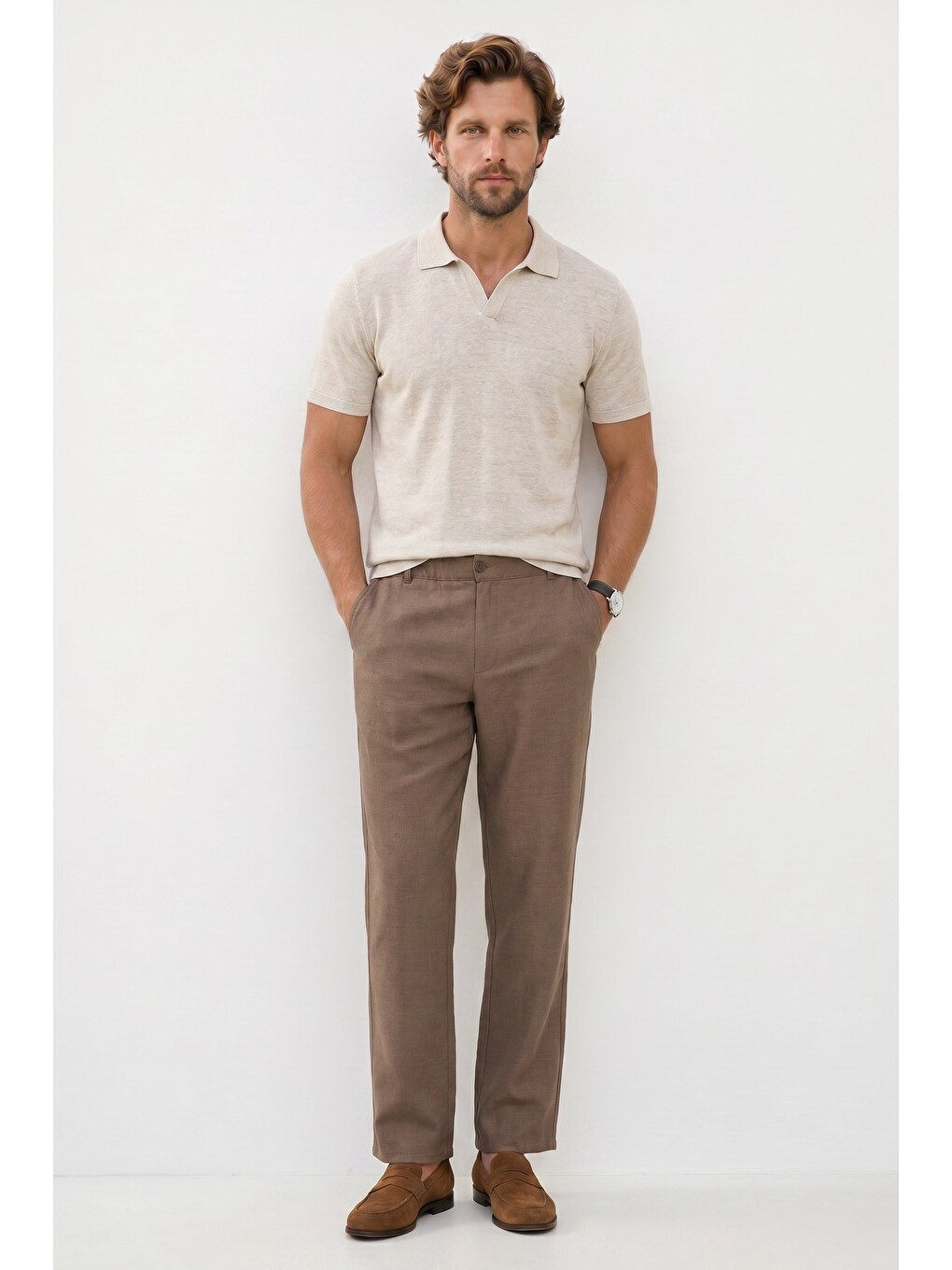 Erkek Relax Fit Rahat Kesim %100 Pamuk Geniş Paça Keten Kumaş Çift Cepli Kahverengi Pantolon-4