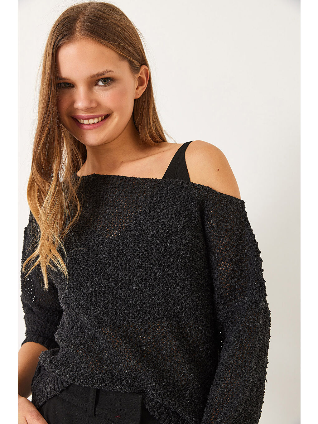 Antrasit Kadın Kayık Yaka File Detay Ajurlu Triko Bluz-3
