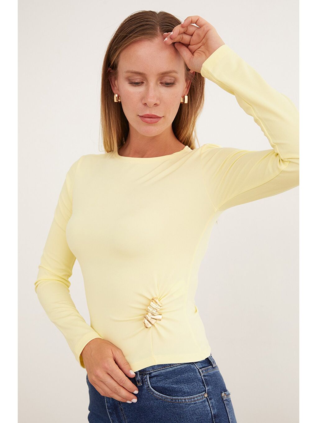 Sarı Toka Detaylı Bisiklet Yaka Bluz-2