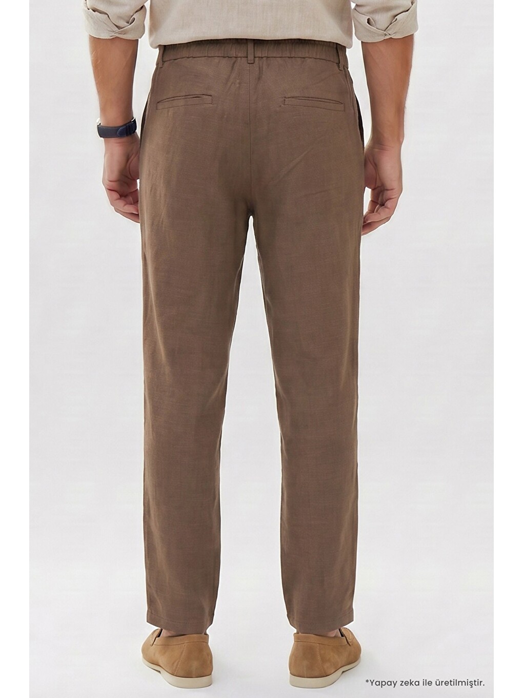 Erkek Relax Fit Rahat Kesim %100 Pamuk Geniş Paça Keten Kumaş Çift Cepli Kahverengi Pantolon-5