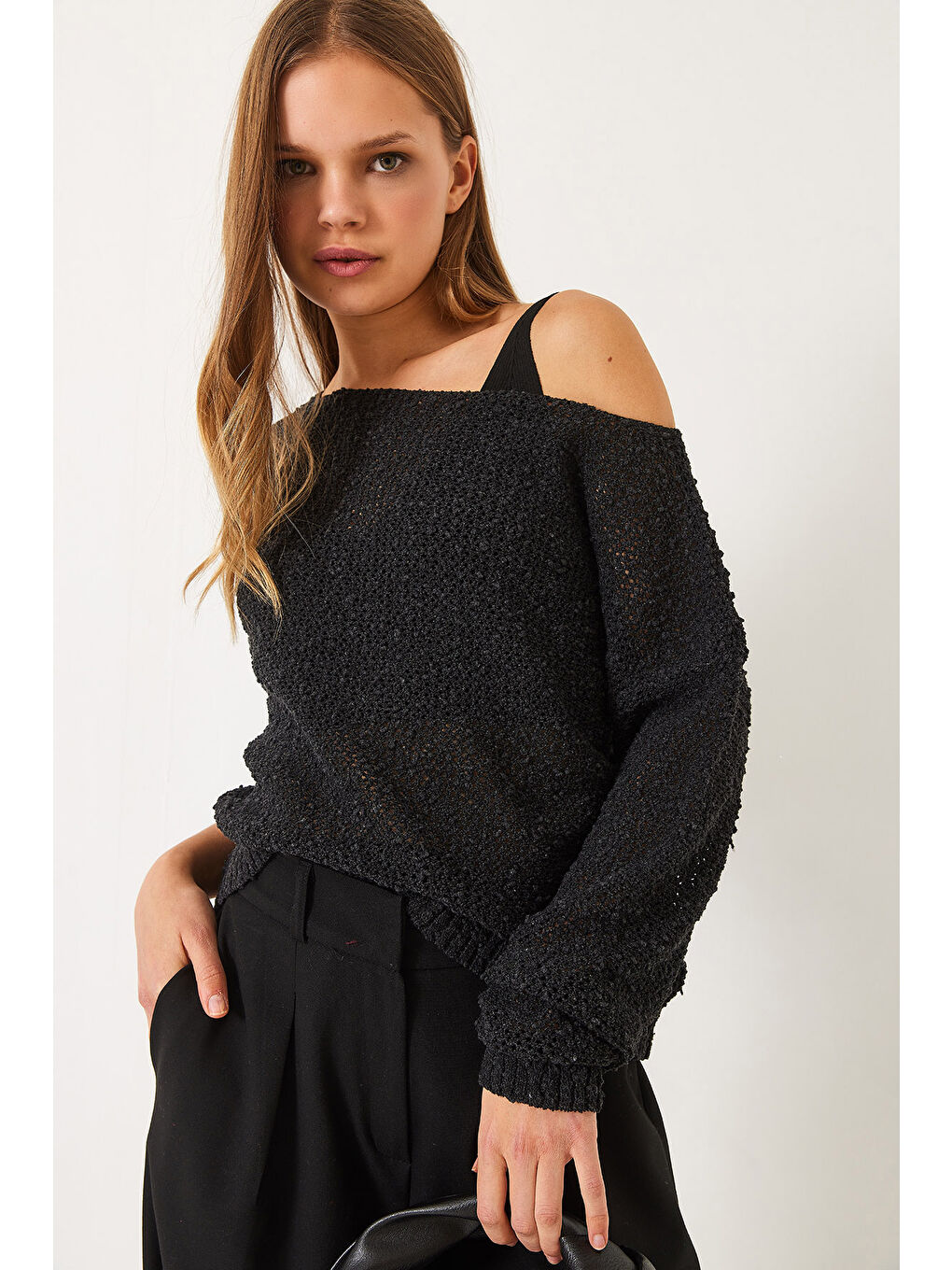 Antrasit Kadın Kayık Yaka File Detay Ajurlu Triko Bluz-4