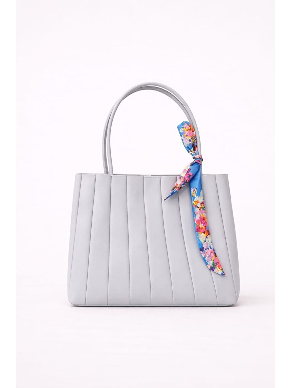 Gri Kadın Piliseli Omuz Çantası ve Cüzdan Seti - Desenli Eşarp Detaylı El ve Kol Çantası 12679-1