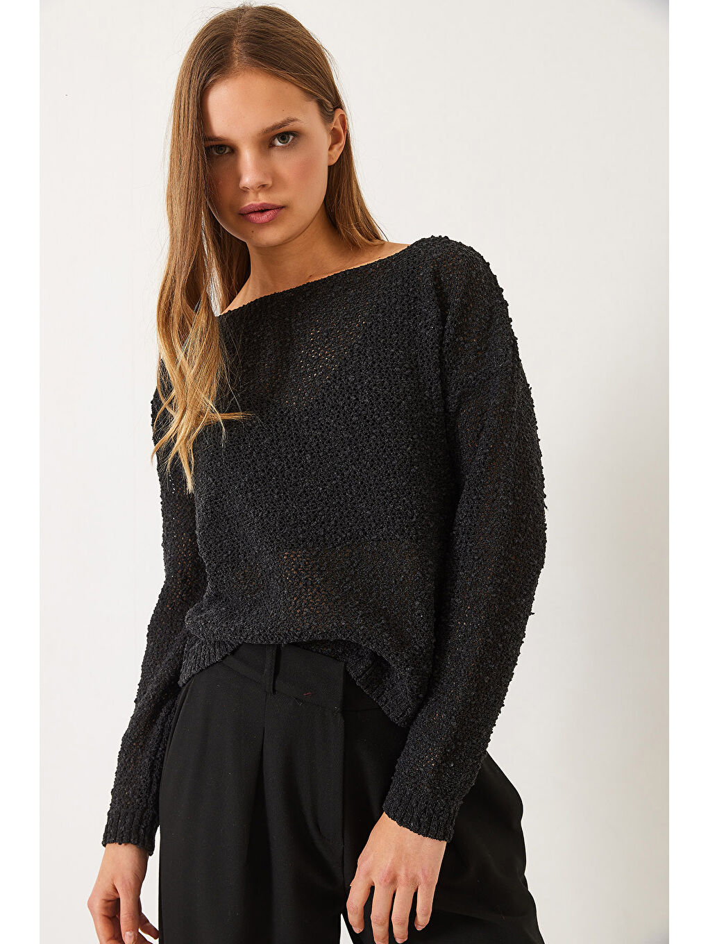 Antrasit Kadın Kayık Yaka File Detay Ajurlu Triko Bluz-5