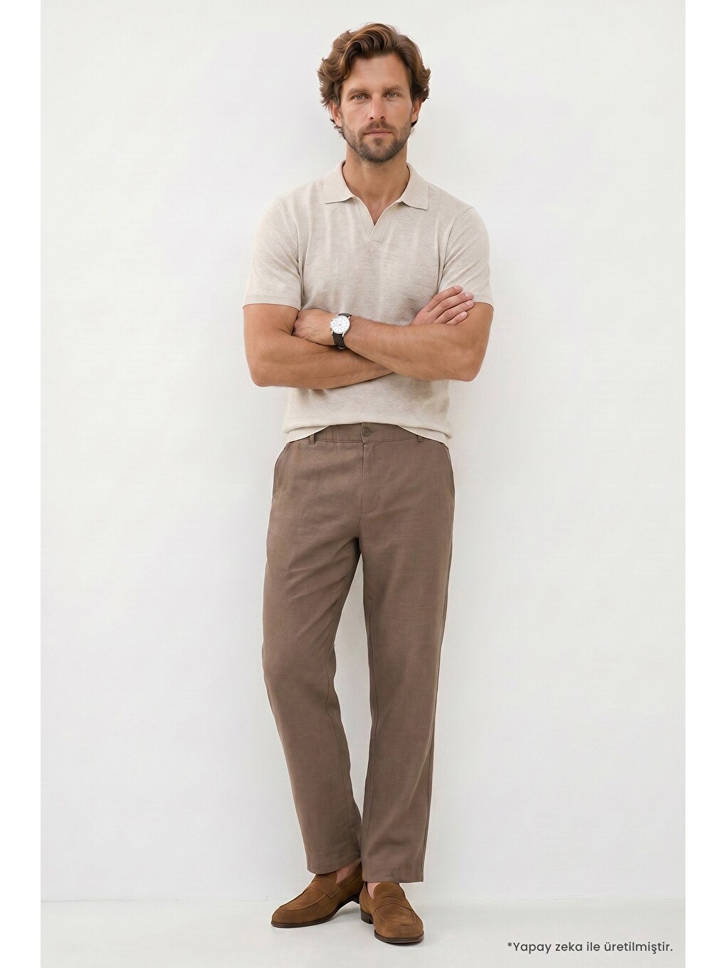 Erkek Relax Fit Rahat Kesim %100 Pamuk Geniş Paça Keten Kumaş Çift Cepli Kahverengi Pantolon-7