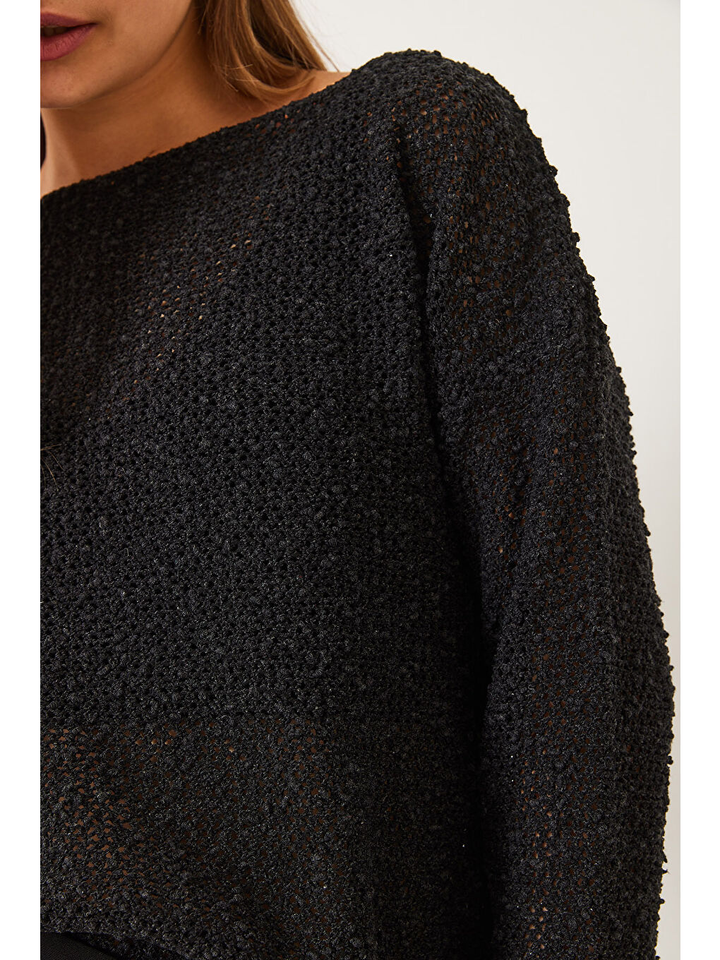 Antrasit Kadın Kayık Yaka File Detay Ajurlu Triko Bluz-6