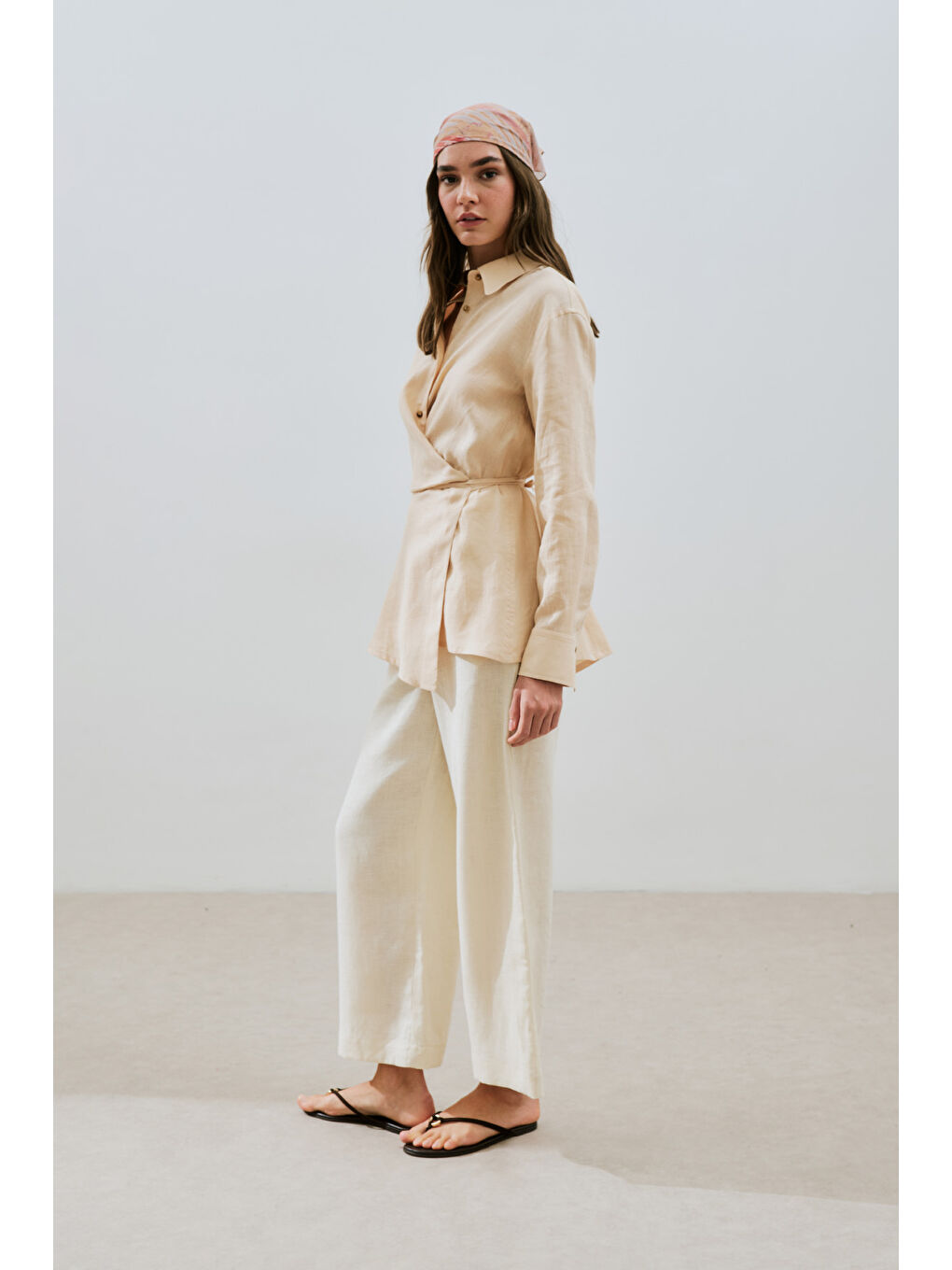 Turuncu Keten Bağlama Detaylı Gömlek Kavuniçi-3