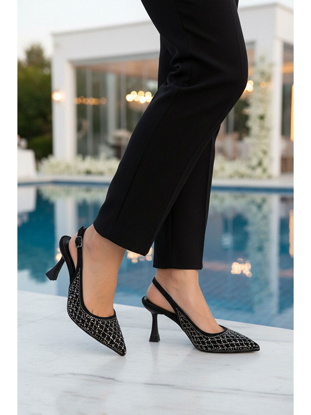 Siyah Taş İşlemeli Kadın İnce Topuklu Abiye Ayakkabı 417654 Z-2