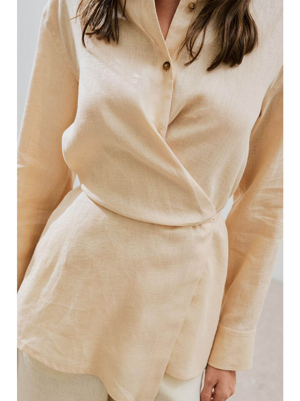 Turuncu Keten Bağlama Detaylı Gömlek Kavuniçi-4