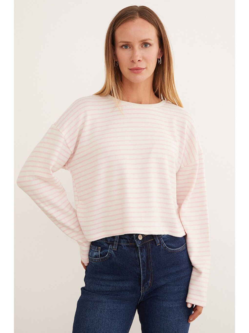 Pembe Çizgili Crop Triko Bluz