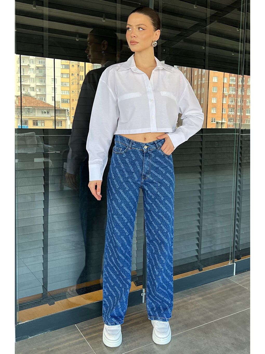 Lacivert Bol Paça Elastanlı Kadın Jean Pantolon