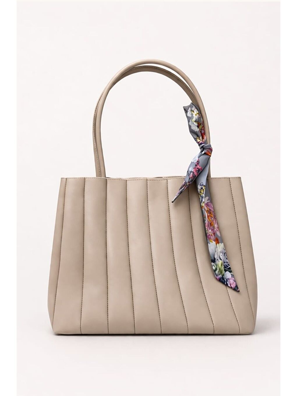 Bej Kadın Piliseli Omuz Çantası ve Cüzdan Seti - Desenli Eşarp Detaylı El ve Kol Çantası 12673-1