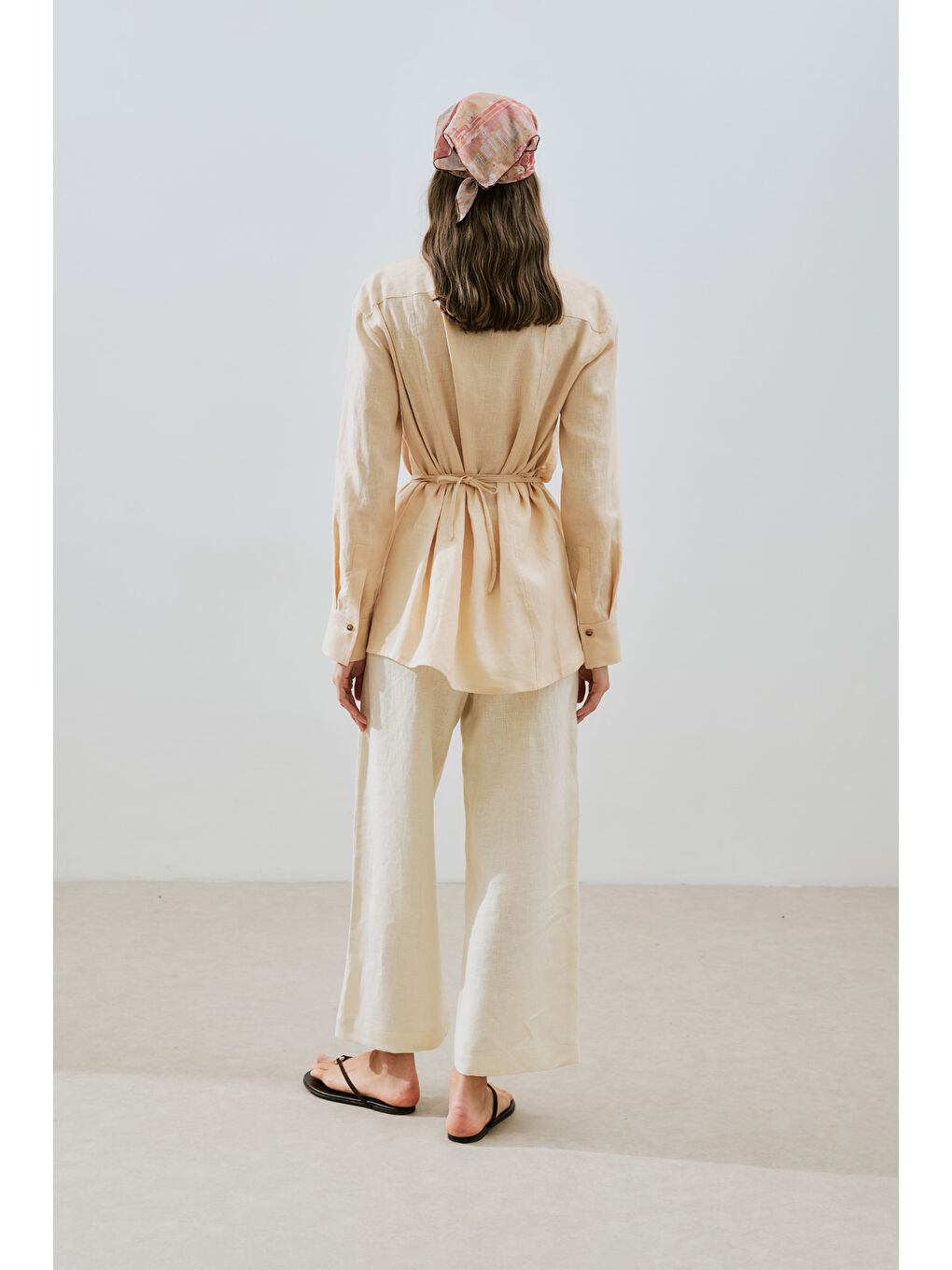 Turuncu Keten Bağlama Detaylı Gömlek Kavuniçi-5