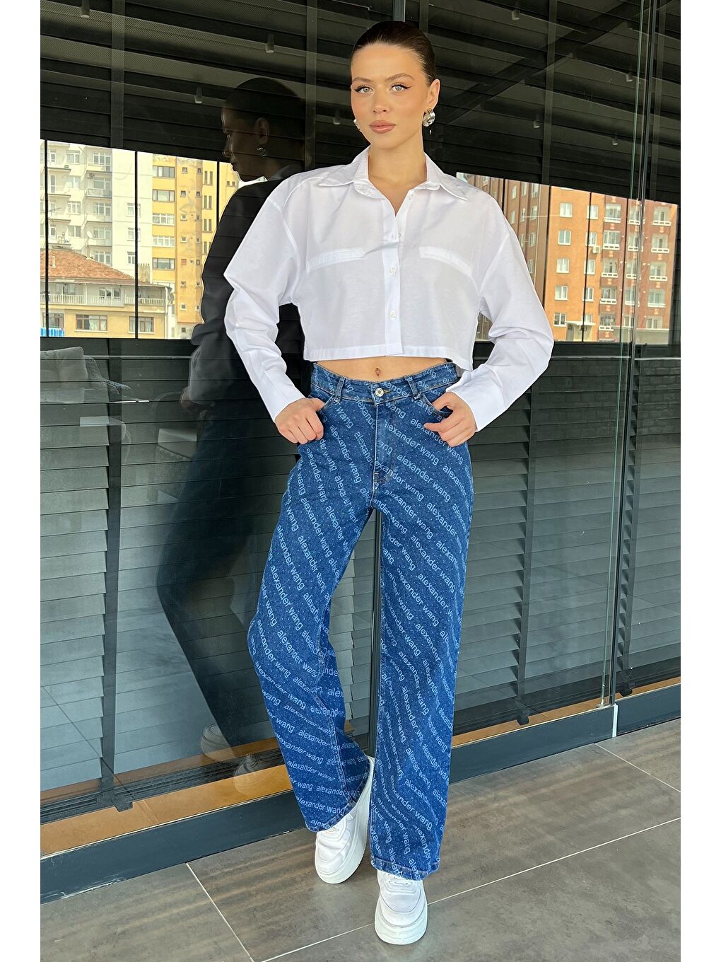 Lacivert Bol Paça Elastanlı Kadın Jean Pantolon-1