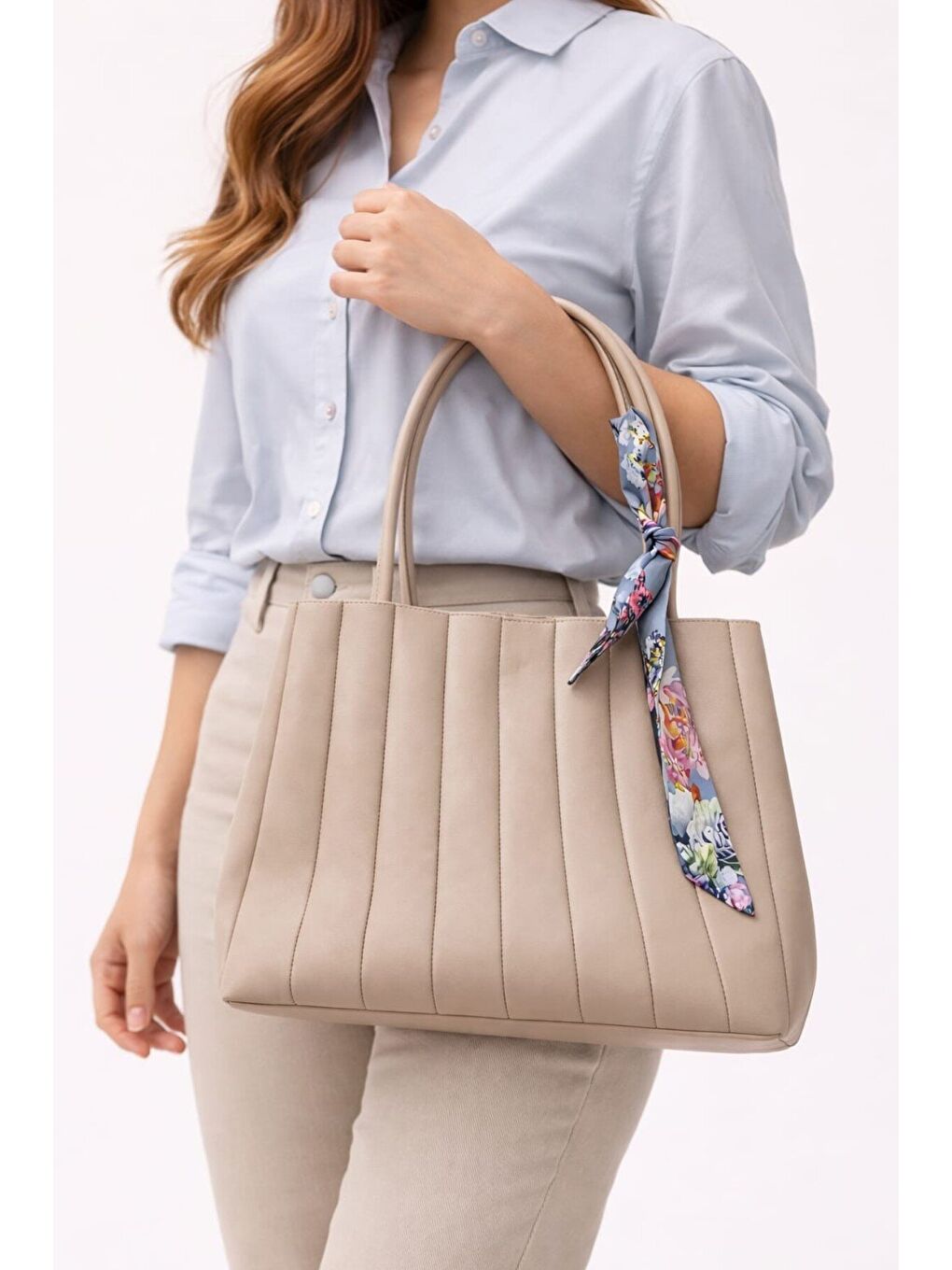 Bej Kadın Piliseli Omuz Çantası ve Cüzdan Seti - Desenli Eşarp Detaylı El ve Kol Çantası 12673-3