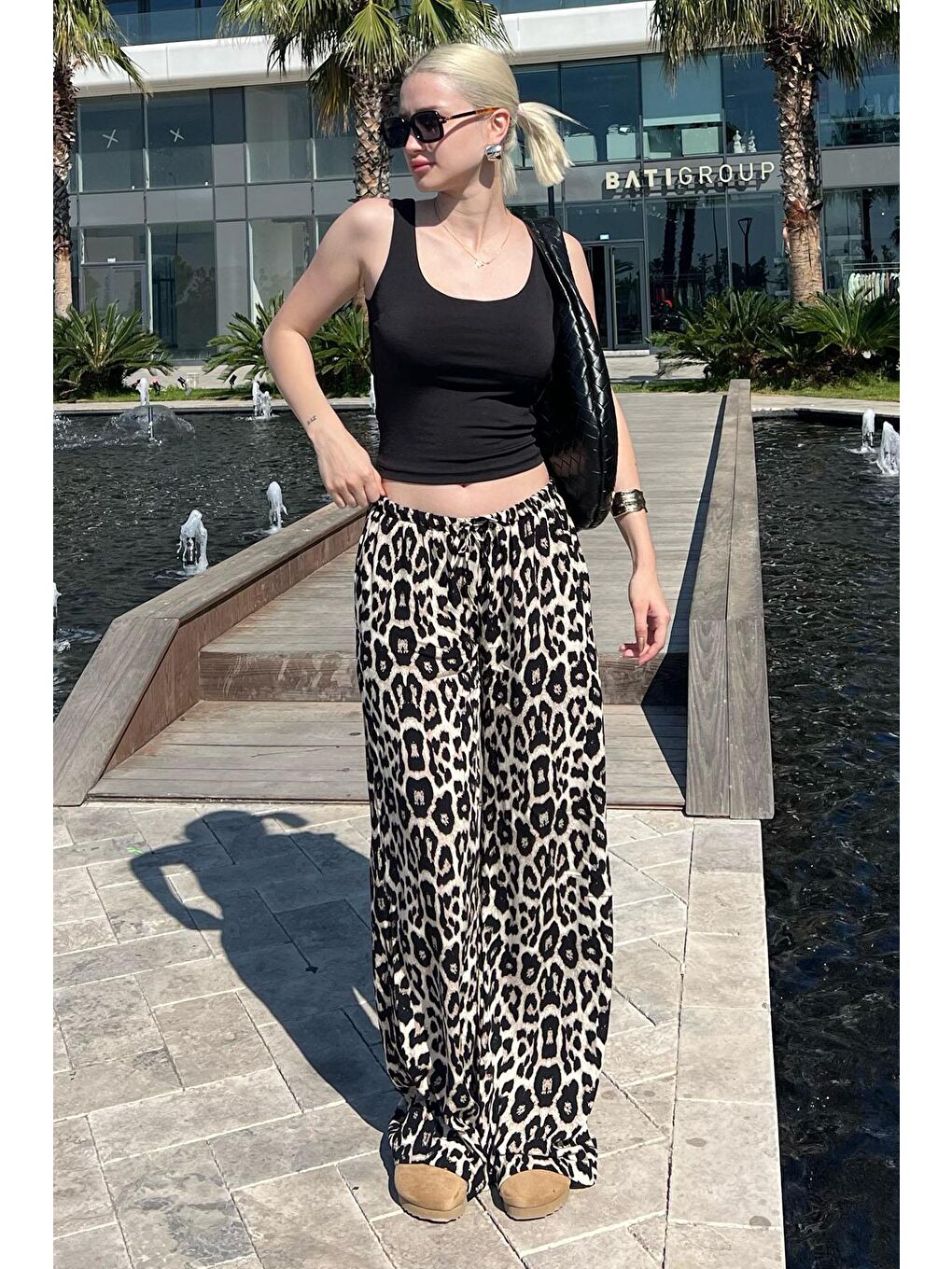 Ekru Krem Ayarlanabilir Bel Leopar Desenli Bol Paça Pantolon Mg2095-3