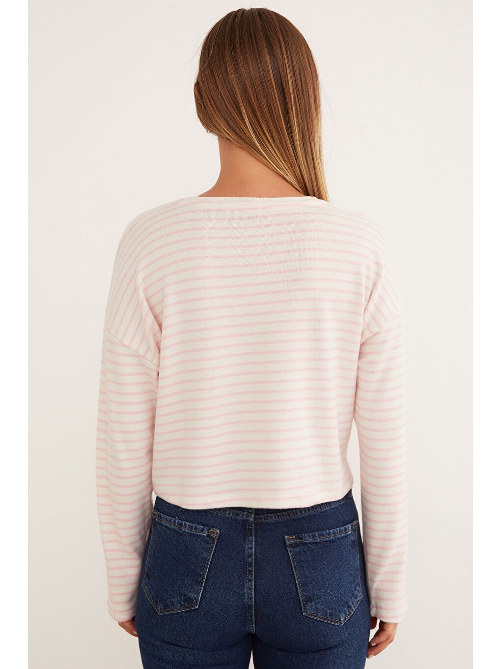 Pembe Çizgili Crop Triko Bluz-3