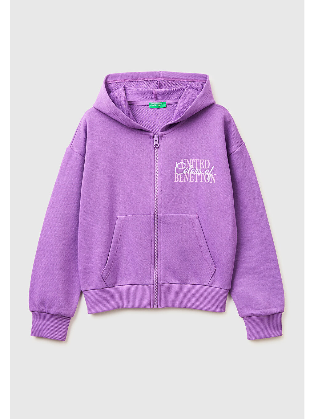 Kız Çocuk Mor Simli Logolu Fermuarlı Cepli Kapüşonlu Yüksek Yaka Sweatshirt