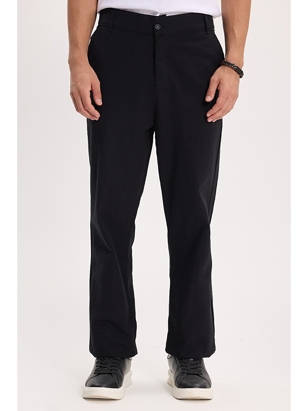 Erkek Relax Fit Rahat Kesim %100 Pamuk Geniş Paça Keten Kumaş Çift Cepli Siyah Pantolon-1