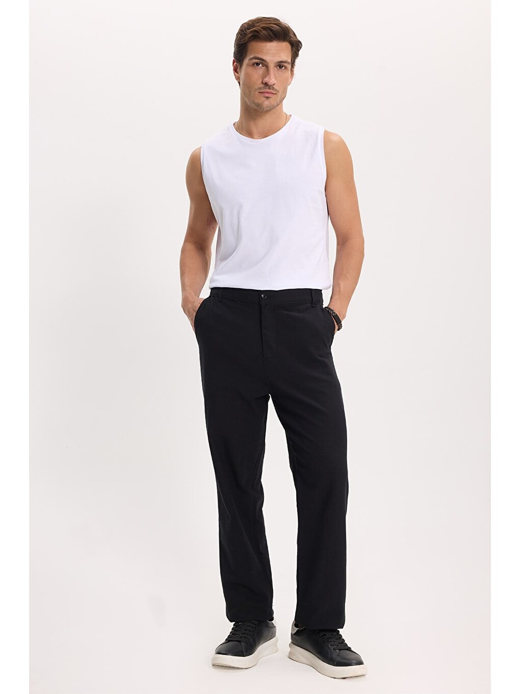 Erkek Relax Fit Rahat Kesim %100 Pamuk Geniş Paça Keten Kumaş Çift Cepli Siyah Pantolon-2