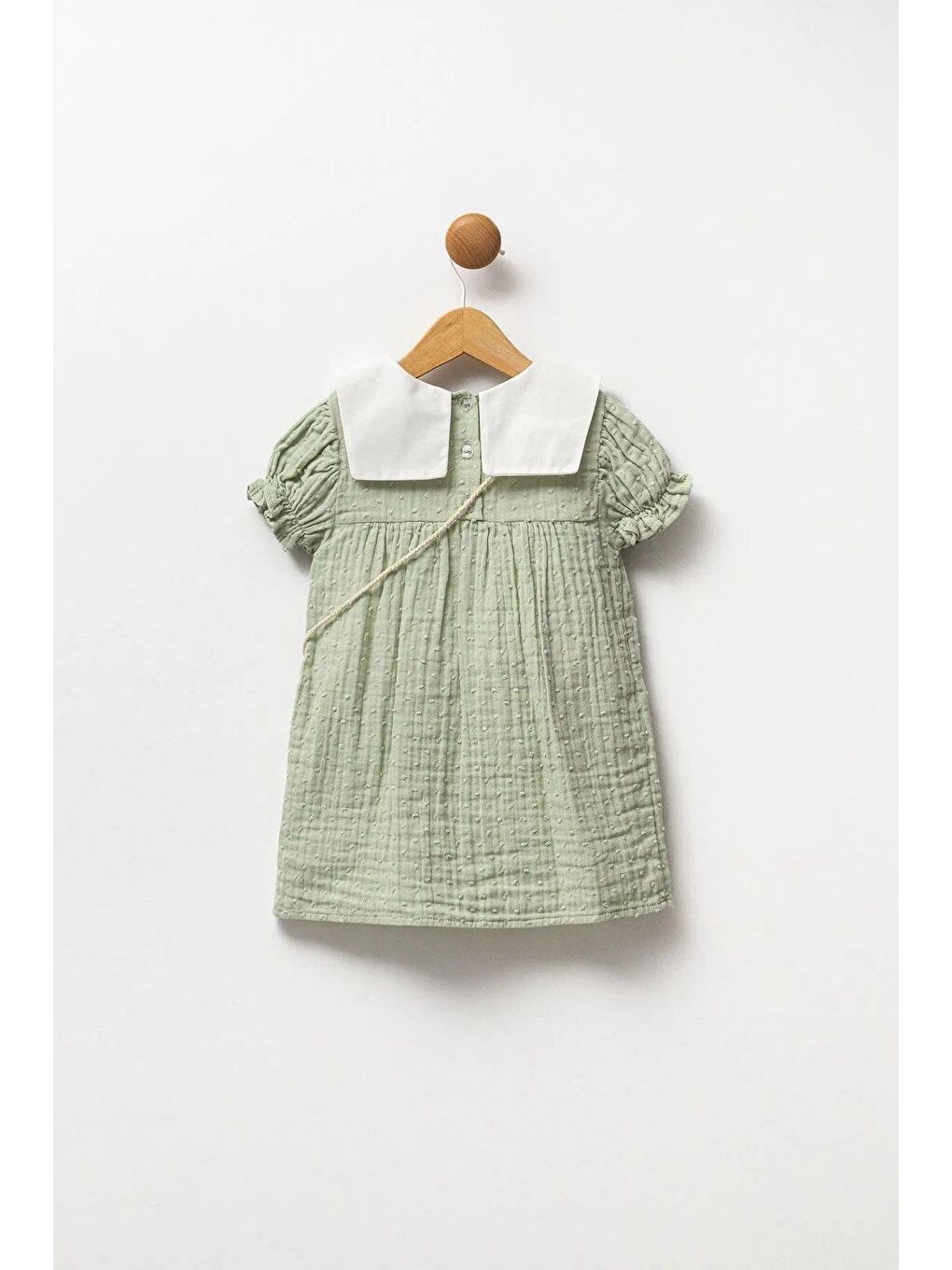 Yeşil Kız Çocuk Pamuklu Müslin  Çiçek Nakışlı Gömlek Yaka Çantalı Elbise-1