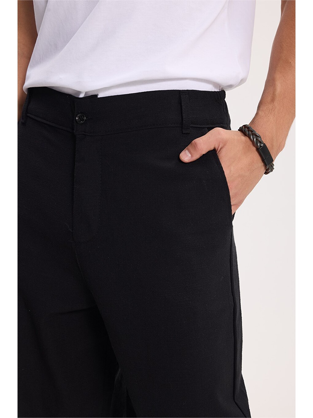 Erkek Relax Fit Rahat Kesim %100 Pamuk Geniş Paça Keten Kumaş Çift Cepli Siyah Pantolon-3