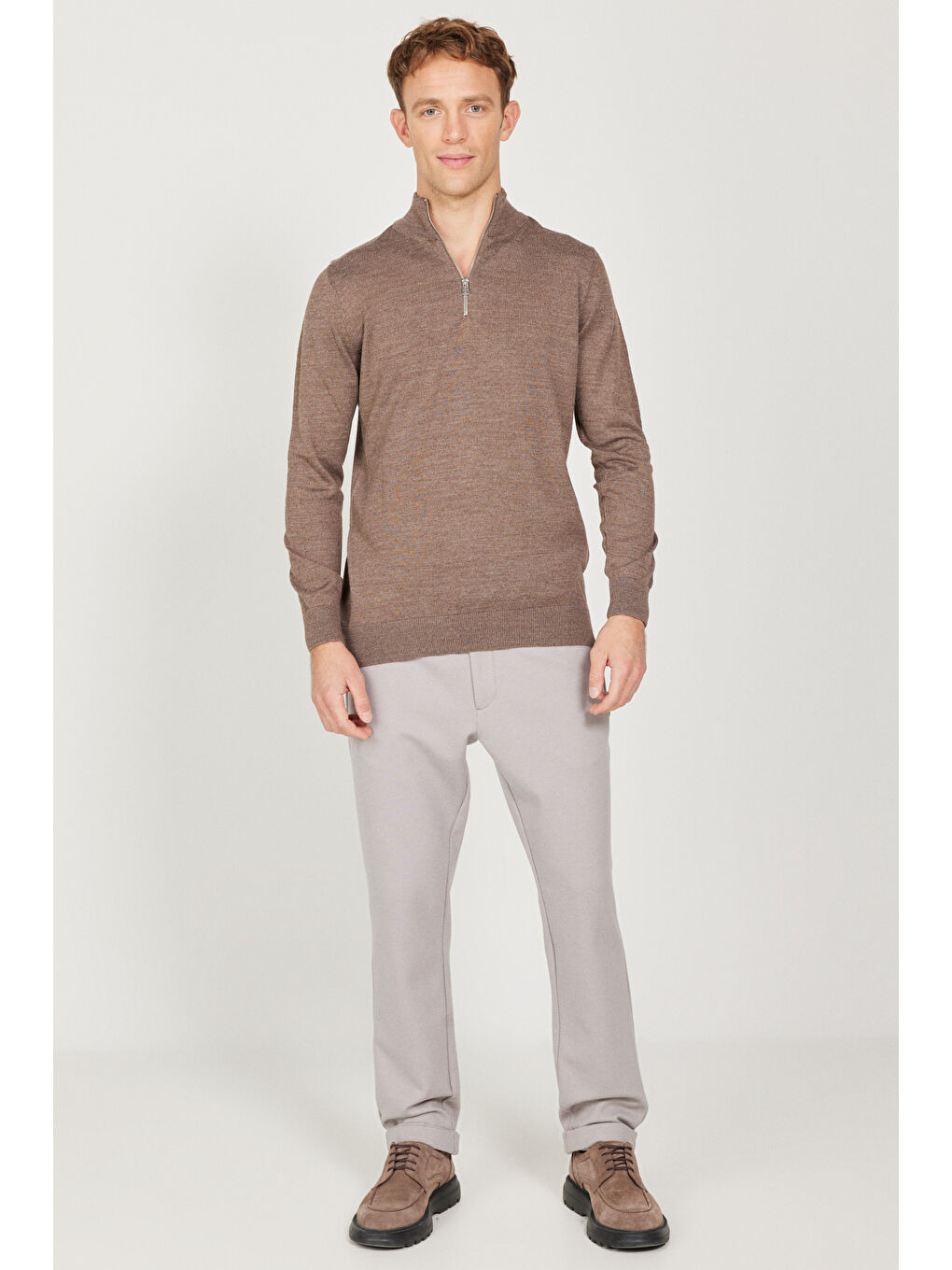 Bej Erkek Vizon Standart Fit Normal Kesim Bato Yaka Triko Kazak-1