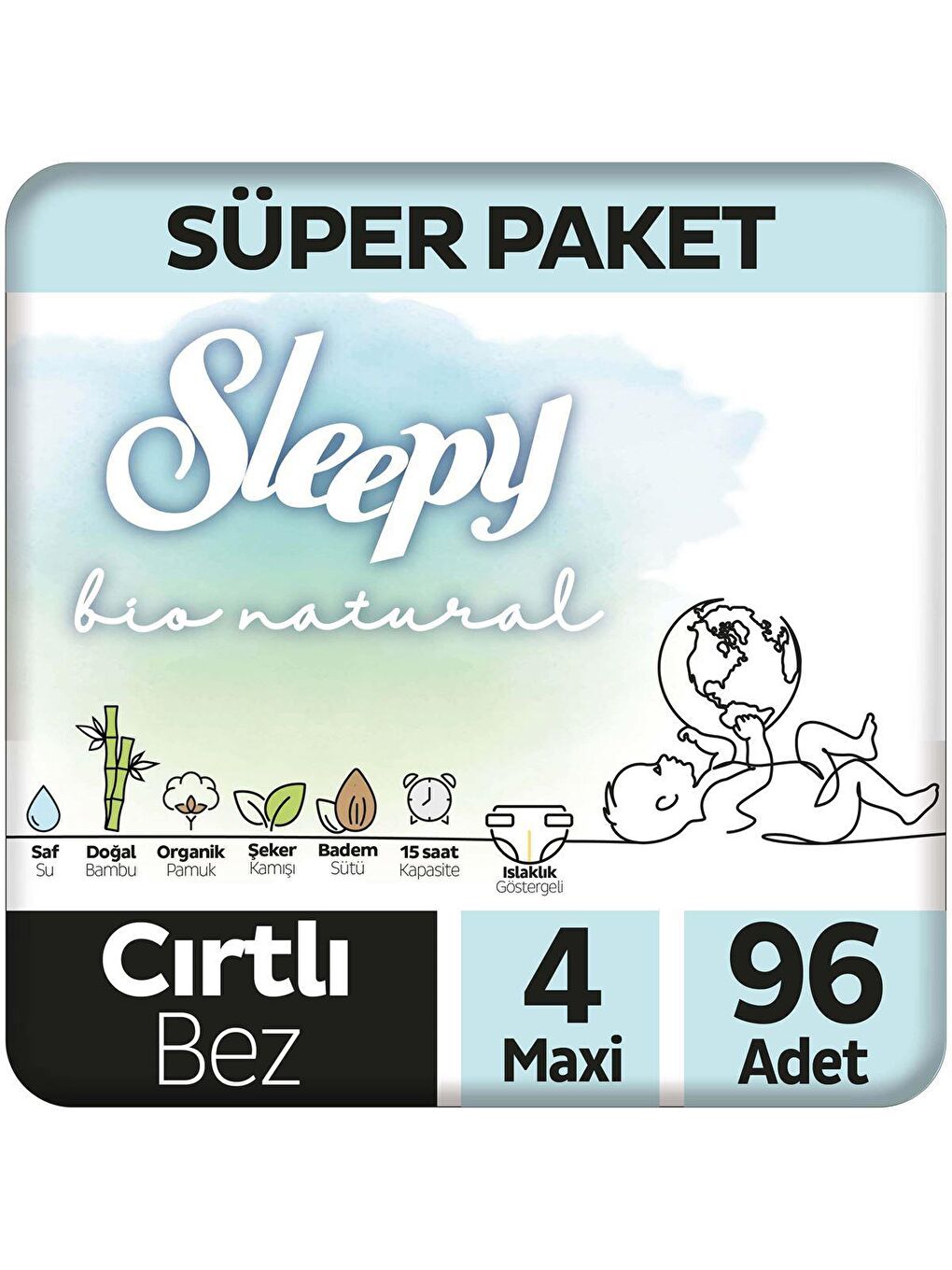 Tekli Paket Bio Natural Süper Paket Bebek Bezi 4 Numara Maxi 96 Adet