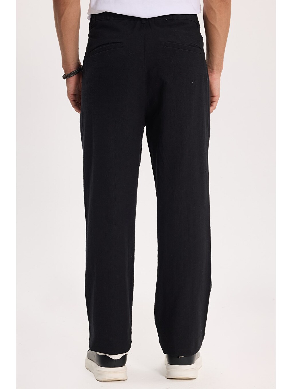Erkek Relax Fit Rahat Kesim %100 Pamuk Geniş Paça Keten Kumaş Çift Cepli Siyah Pantolon-5