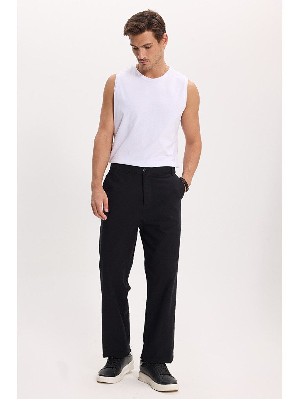 Erkek Relax Fit Rahat Kesim %100 Pamuk Geniş Paça Keten Kumaş Çift Cepli Siyah Pantolon-6