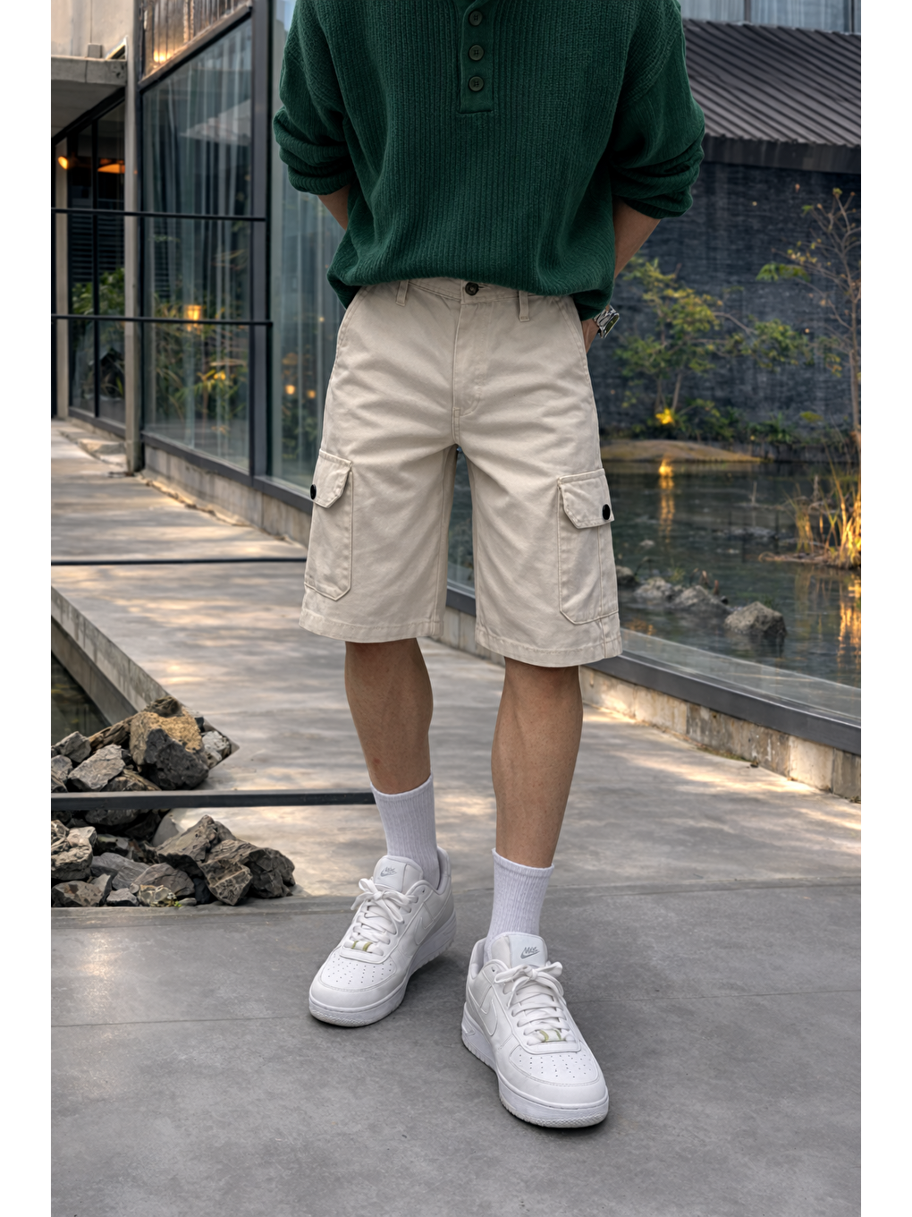Ekru Erkek Trend Yüksek Bel Uzun Krem Kargo Cep Şort-1