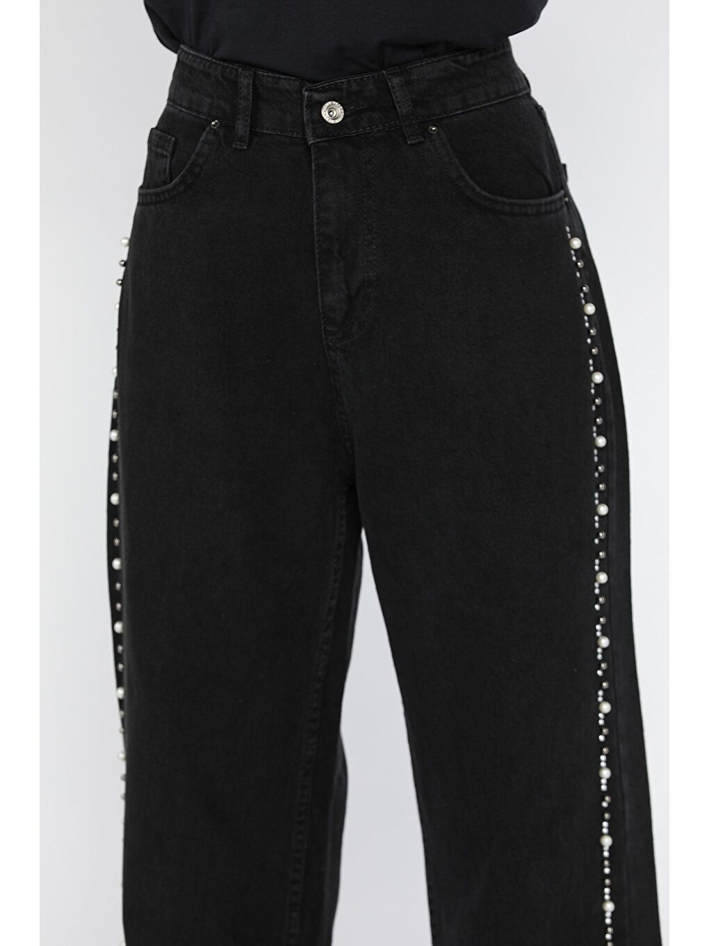 Siyah Kadın Kesik Paça Taş İşlemeli Jean Pantolon-3