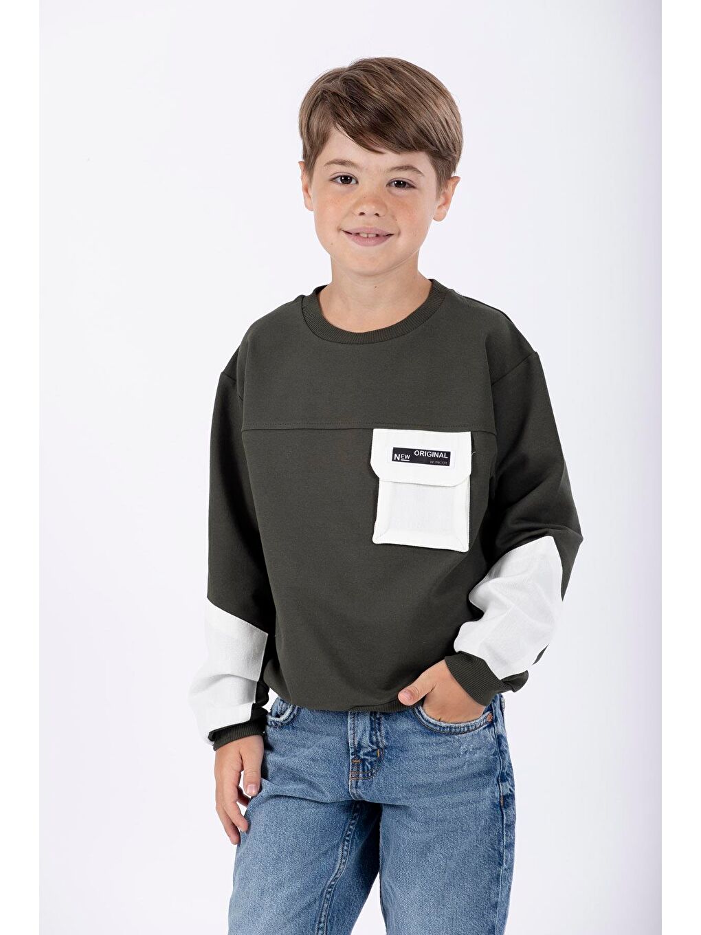 Haki Bisiklet Yaka Erkek Çocuk Cep Detaylı Sweatshirt