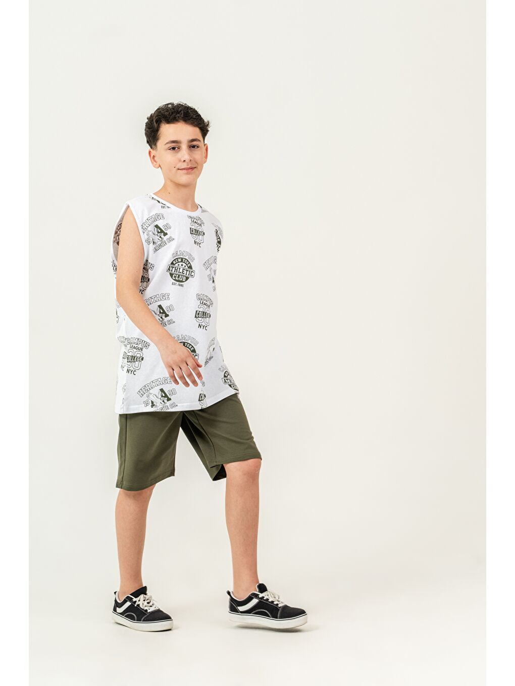 Haki Üst Atlet Tüm Alan Baskılı Alt Kapri Sol Bacak Baskılı Erkek Çocuk Şort - Atlet Takımı-1