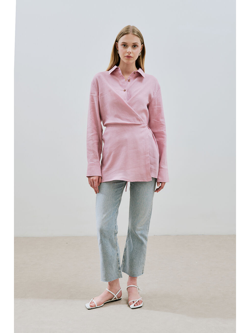 Keten Bağlama Detaylı Gömlek Pembe