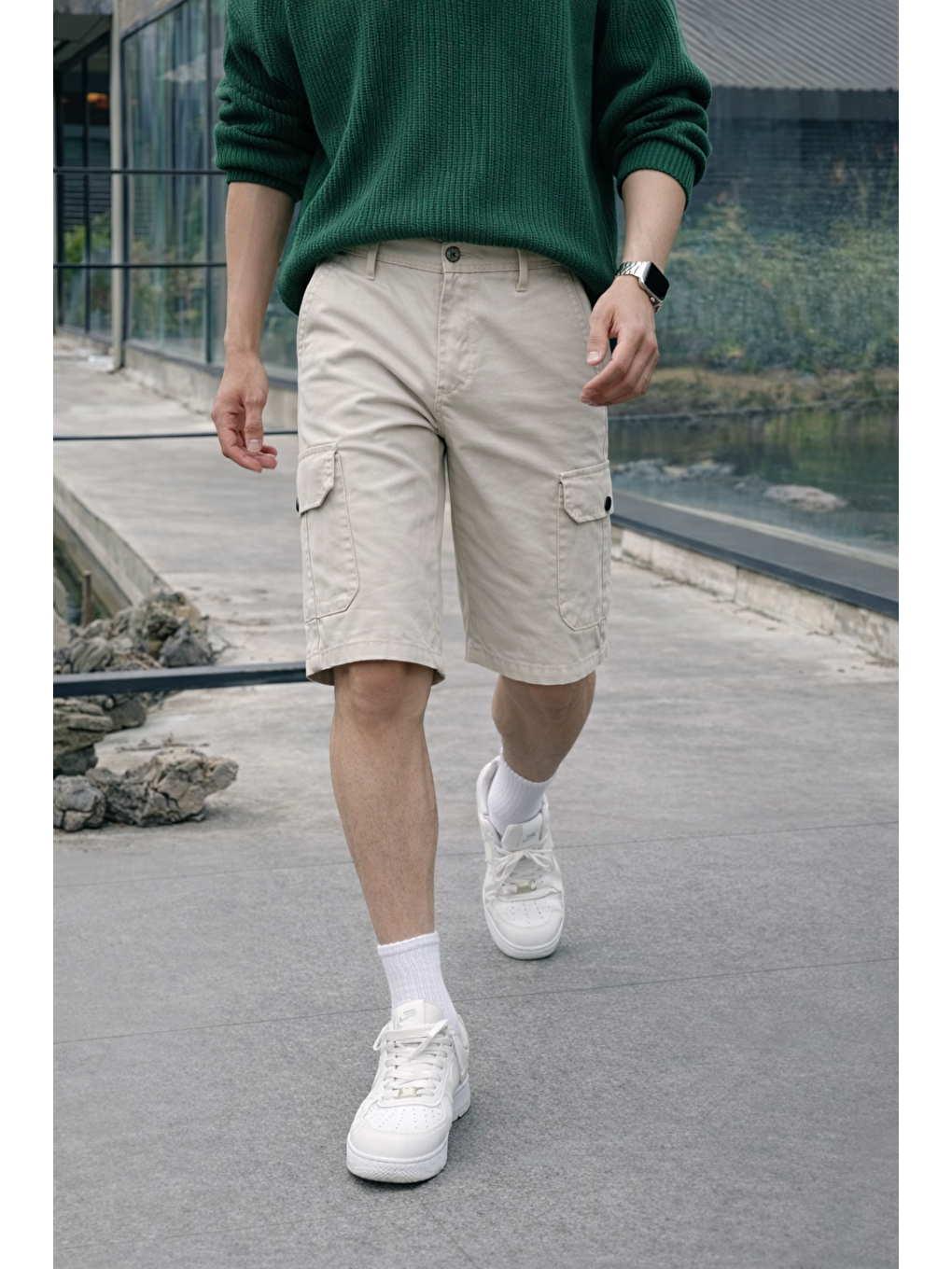 Ekru Erkek Trend Yüksek Bel Uzun Krem Kargo Cep Şort-2