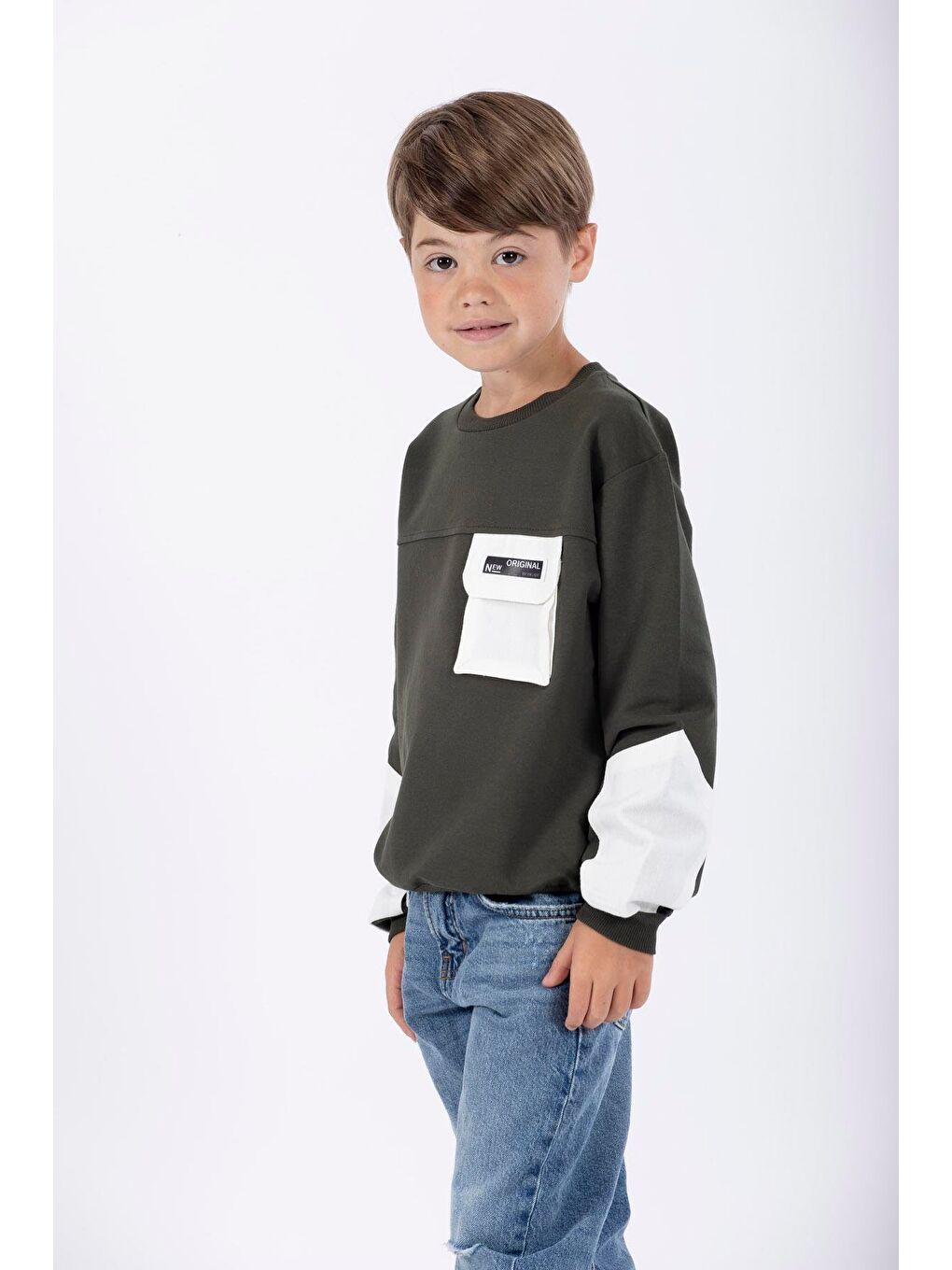 Haki Bisiklet Yaka Erkek Çocuk Cep Detaylı Sweatshirt-2
