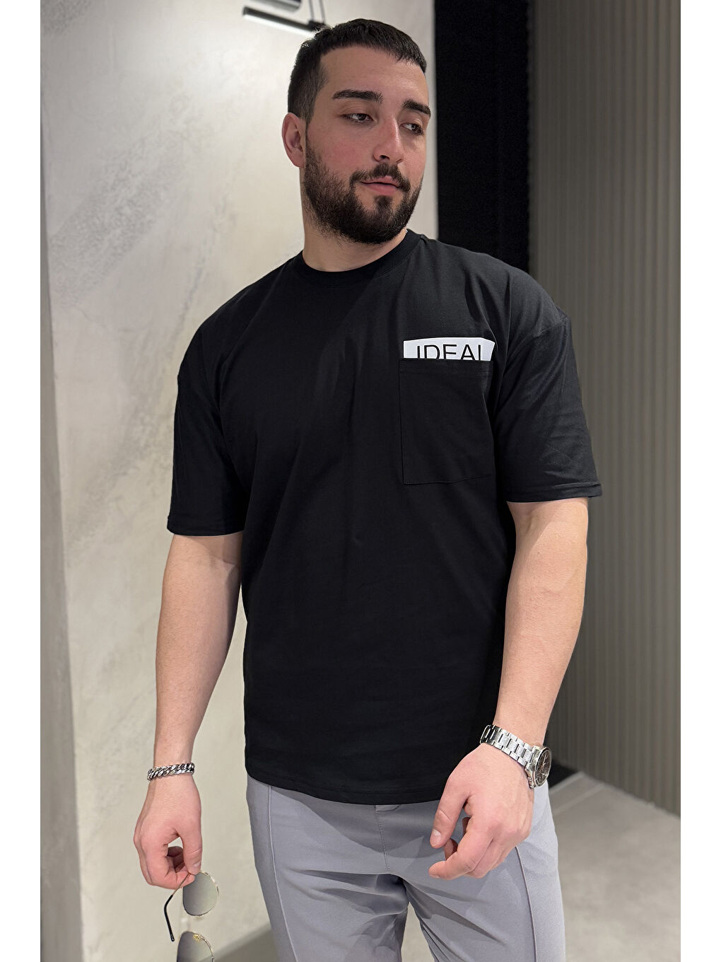 Siyah Erkek Tek Cepli Bisiklet Yaka Baskılı Tişört