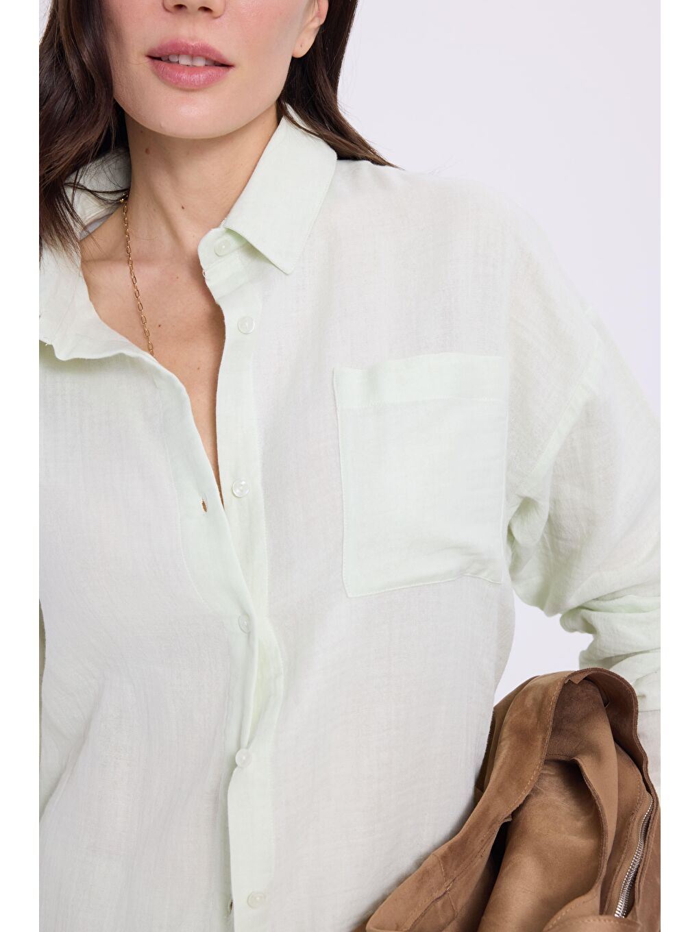 Karışık Kadın Oversize Geniş Kesim %100 Pamuk Müslin Kumaş Uzun Kollu Cepli Dokulu Açık Mint Gömlek-2