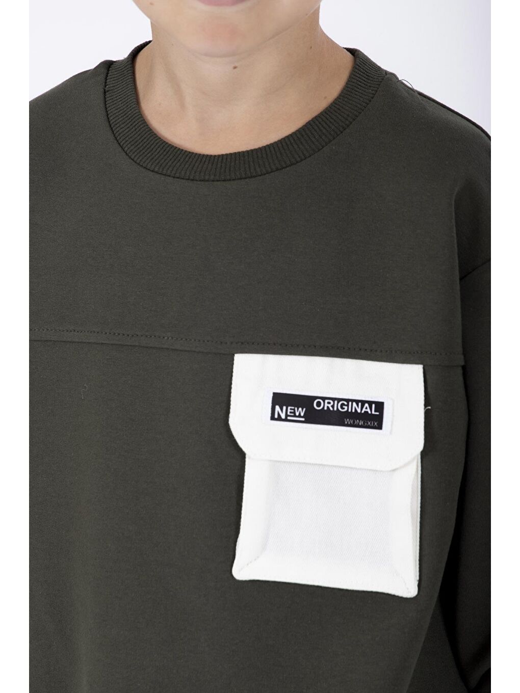 Haki Bisiklet Yaka Erkek Çocuk Cep Detaylı Sweatshirt-4