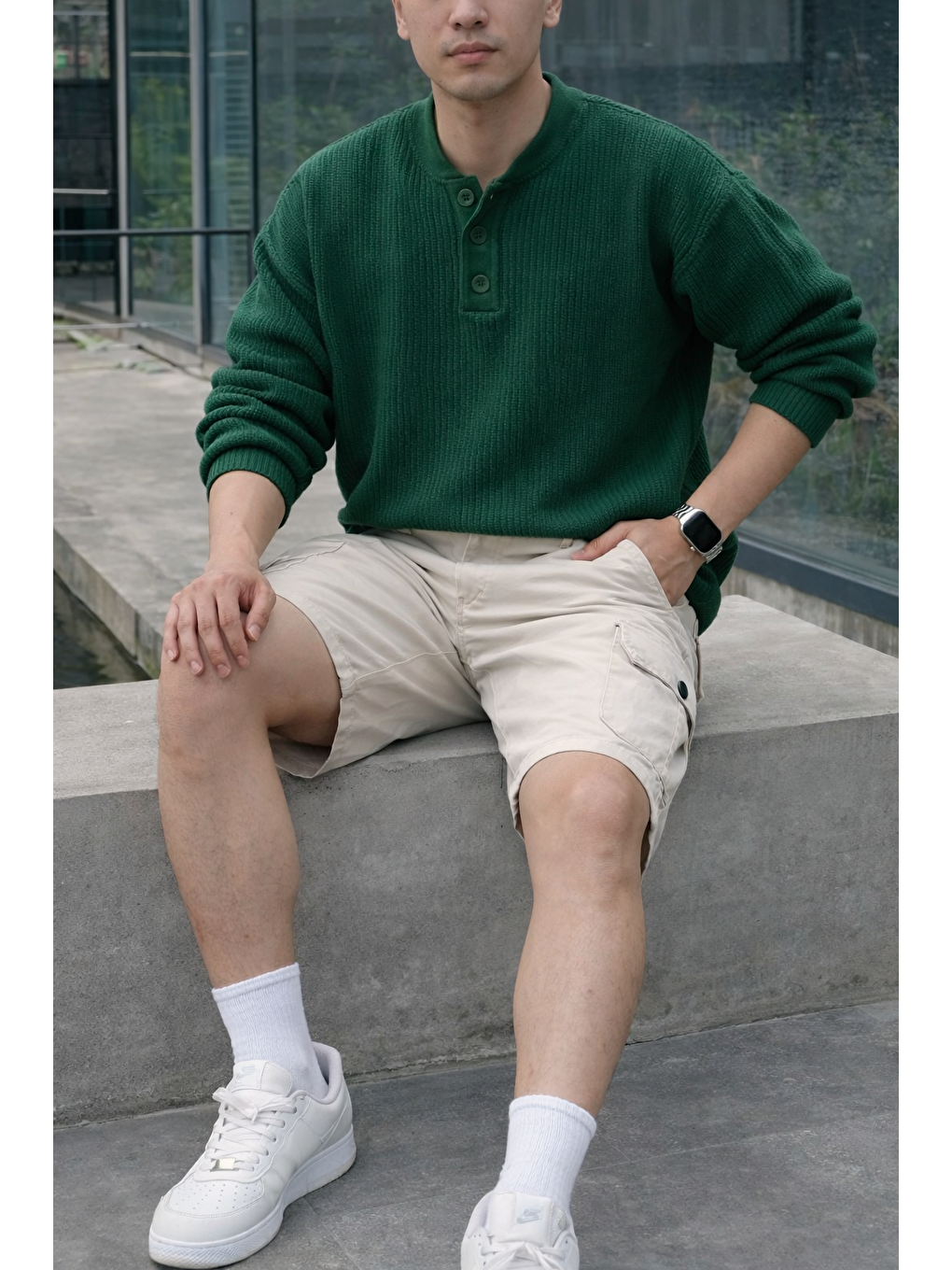 Ekru Erkek Trend Yüksek Bel Uzun Krem Kargo Cep Şort-3