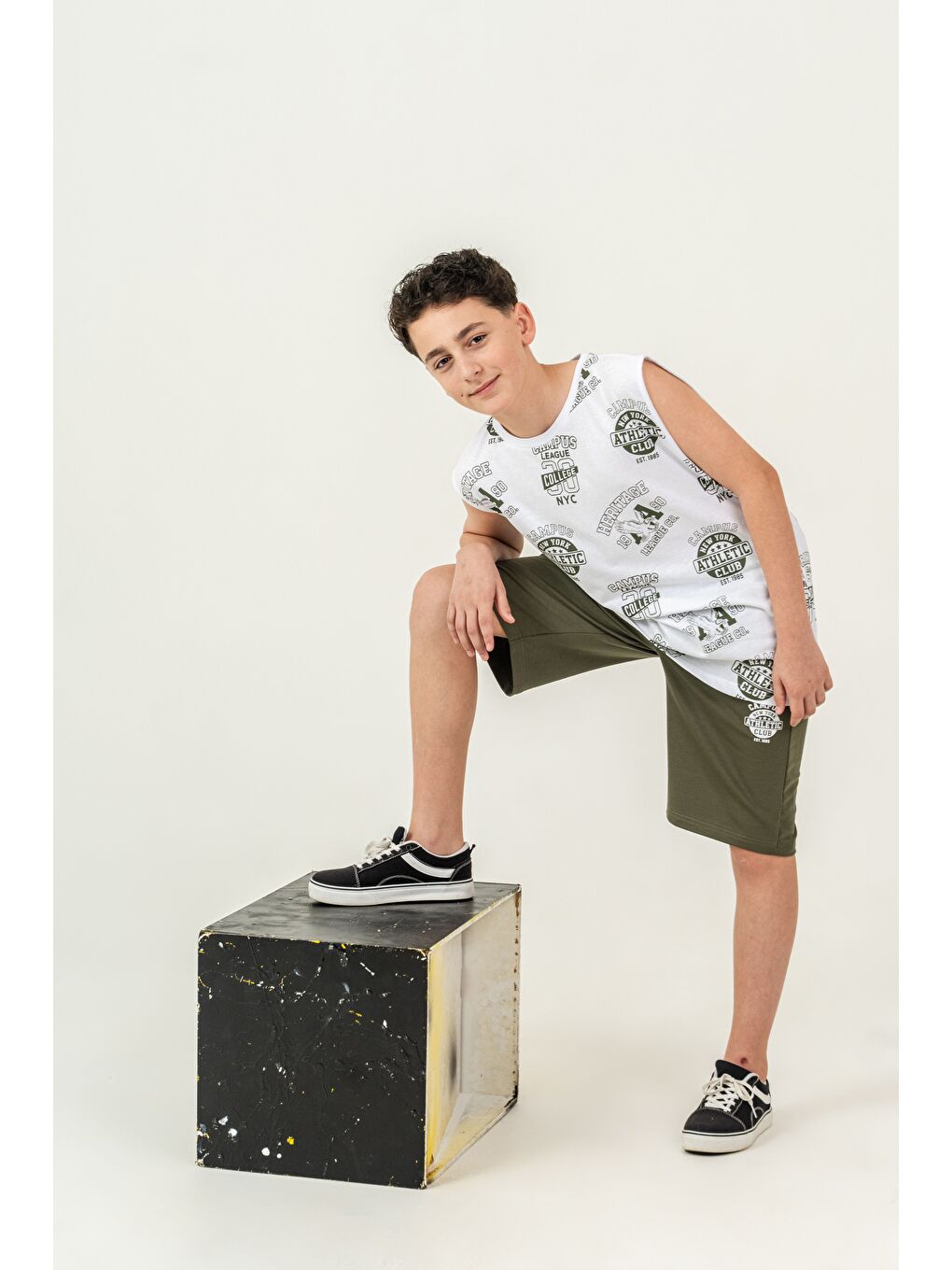 Haki Üst Atlet Tüm Alan Baskılı Alt Kapri Sol Bacak Baskılı Erkek Çocuk Şort - Atlet Takımı-4