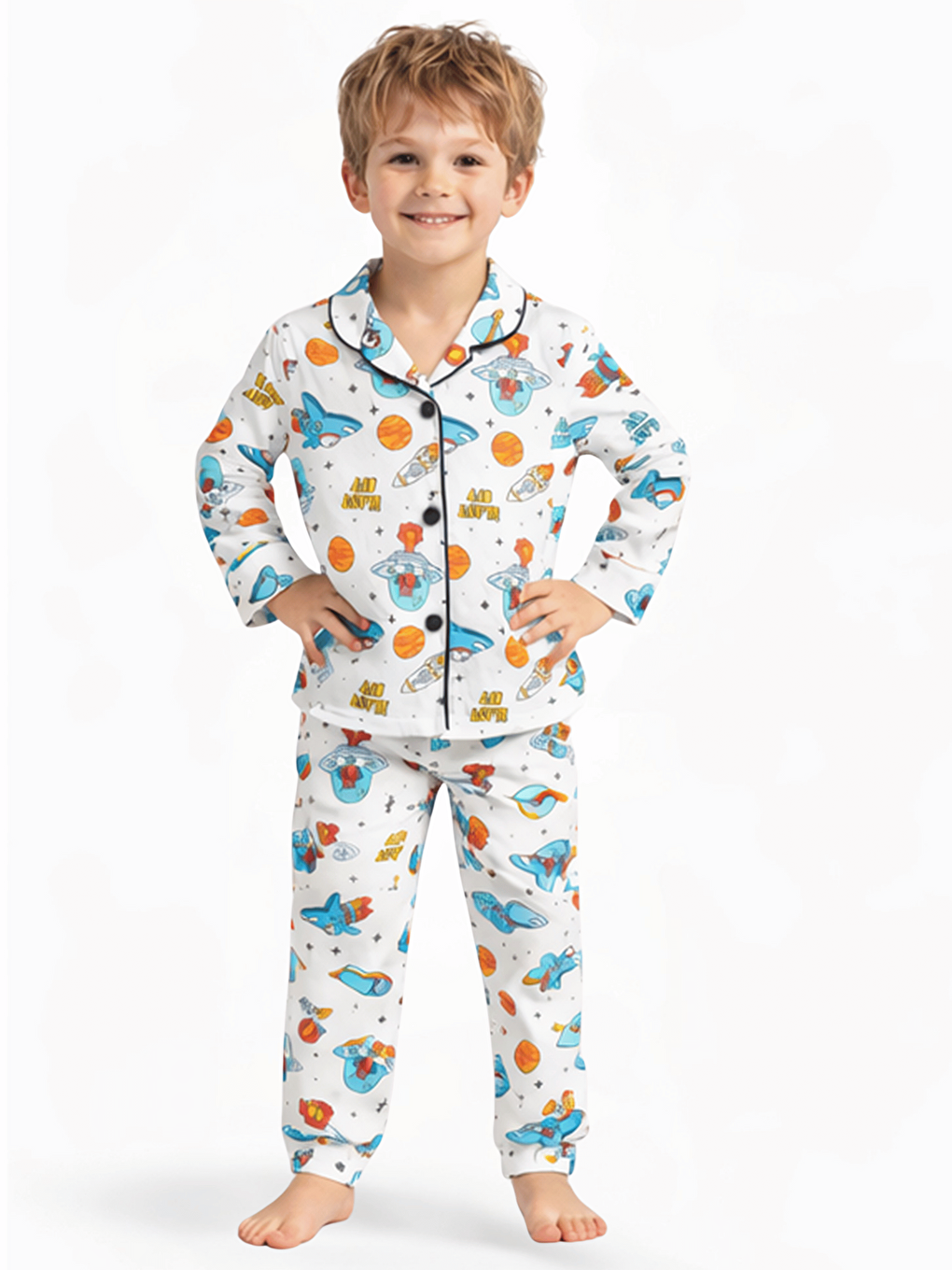 Ekru Uzay Desenli Düğmeli Erkek Çocuk Pijama Takımı-1