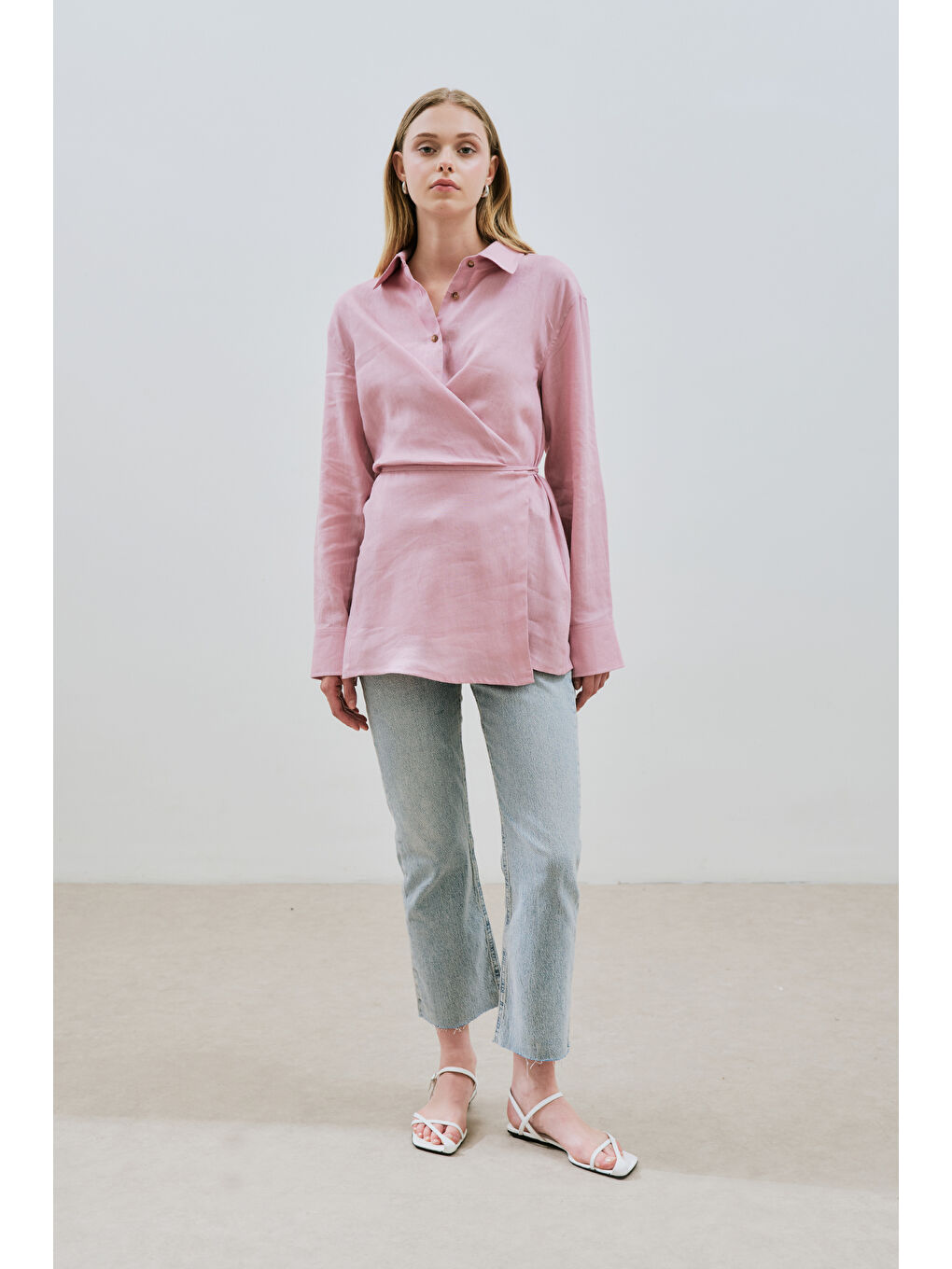 Keten Bağlama Detaylı Gömlek Pembe-1