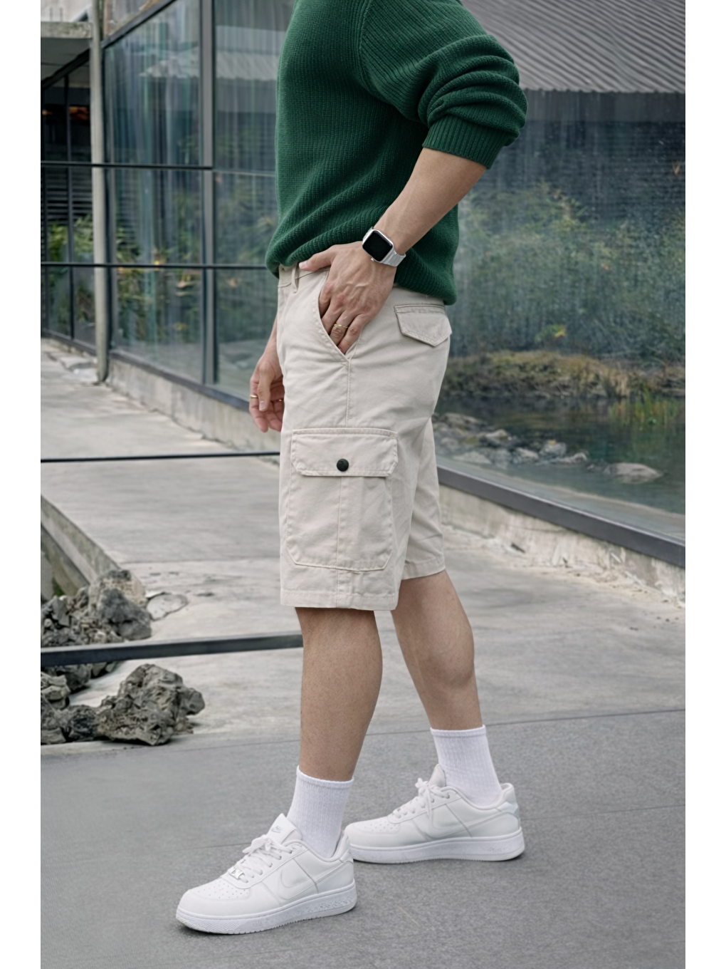 Ekru Erkek Trend Yüksek Bel Uzun Krem Kargo Cep Şort-4