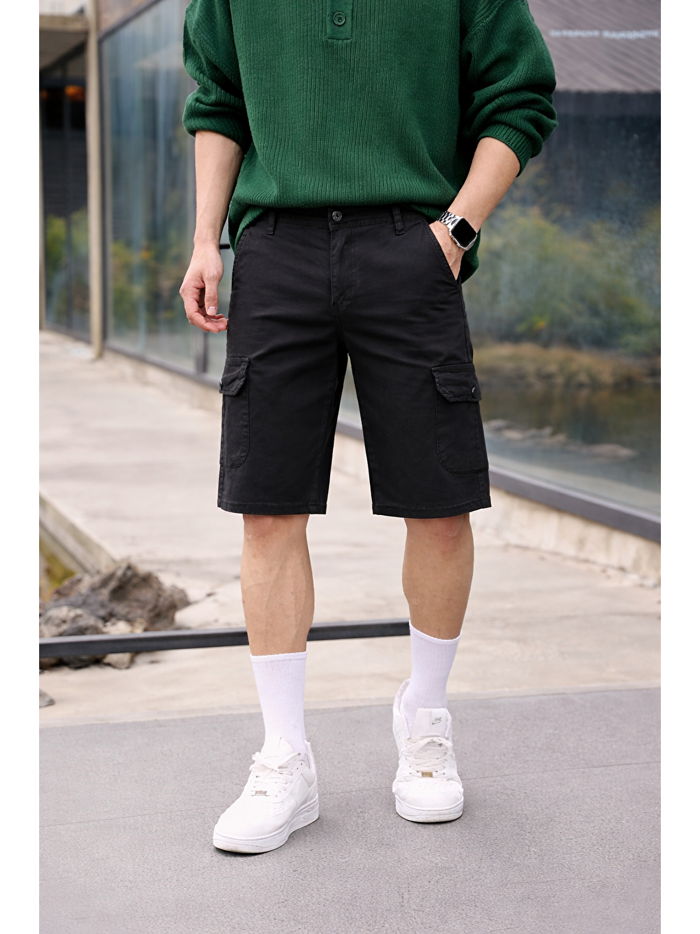 Erkek Trend Yüksek Bel Uzun Siyah Kargo Cep Şort