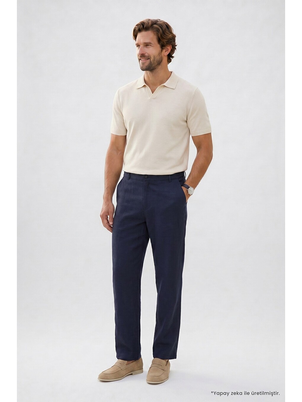 Erkek Relax Fit Rahat Kesim %100 Pamuk Geniş Paça Keten Kumaş Çift Cepli Lacivert Pantolon-2