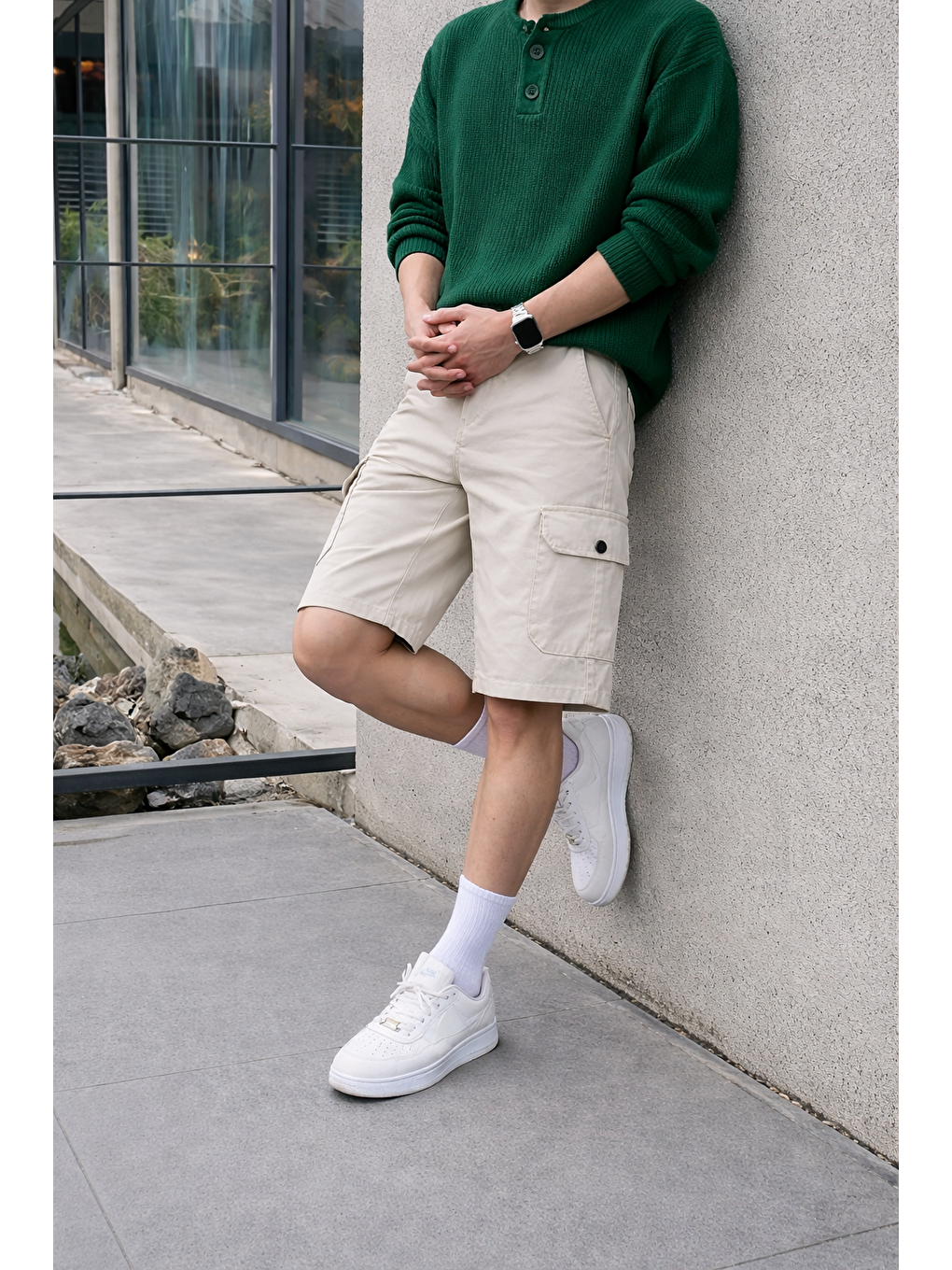 Ekru Erkek Trend Yüksek Bel Uzun Krem Kargo Cep Şort-5