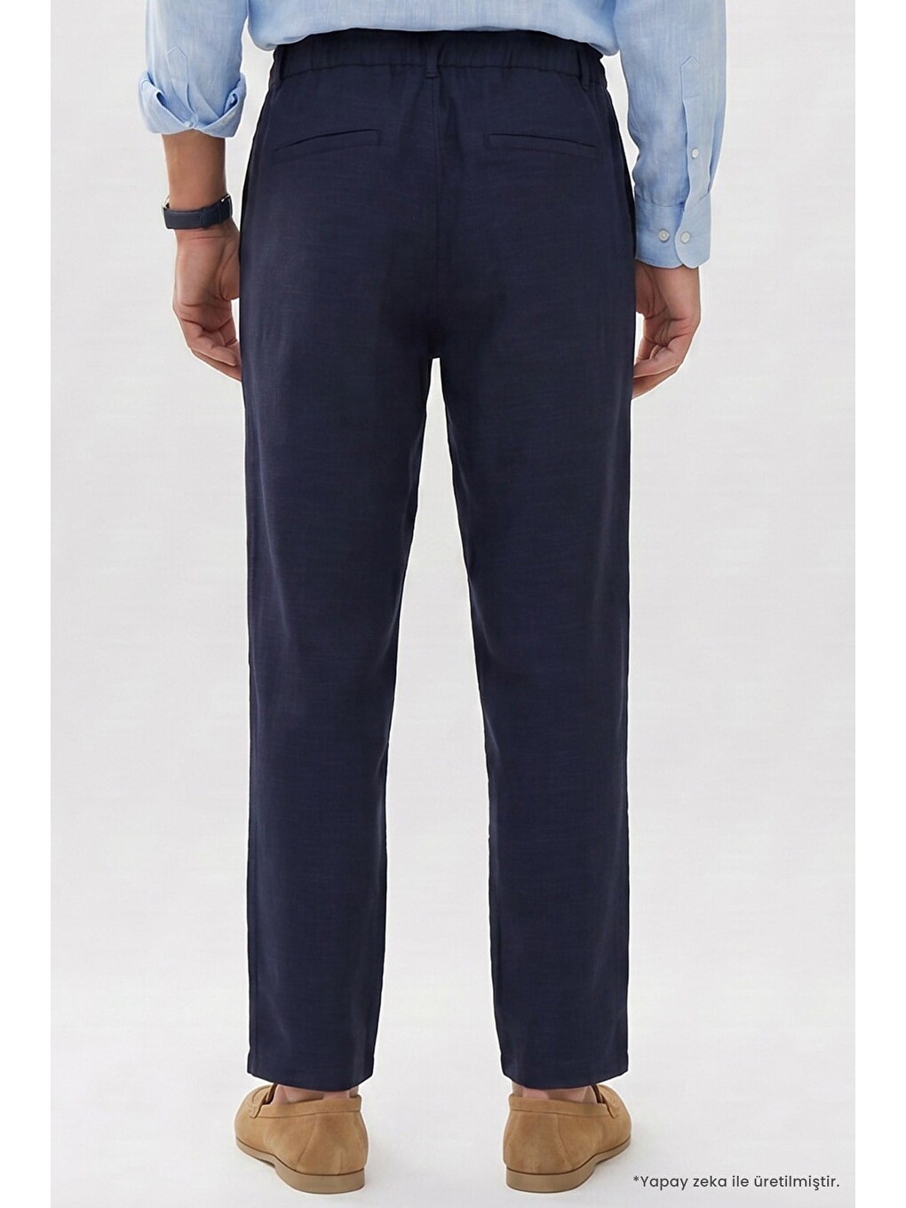 Erkek Relax Fit Rahat Kesim %100 Pamuk Geniş Paça Keten Kumaş Çift Cepli Lacivert Pantolon-5