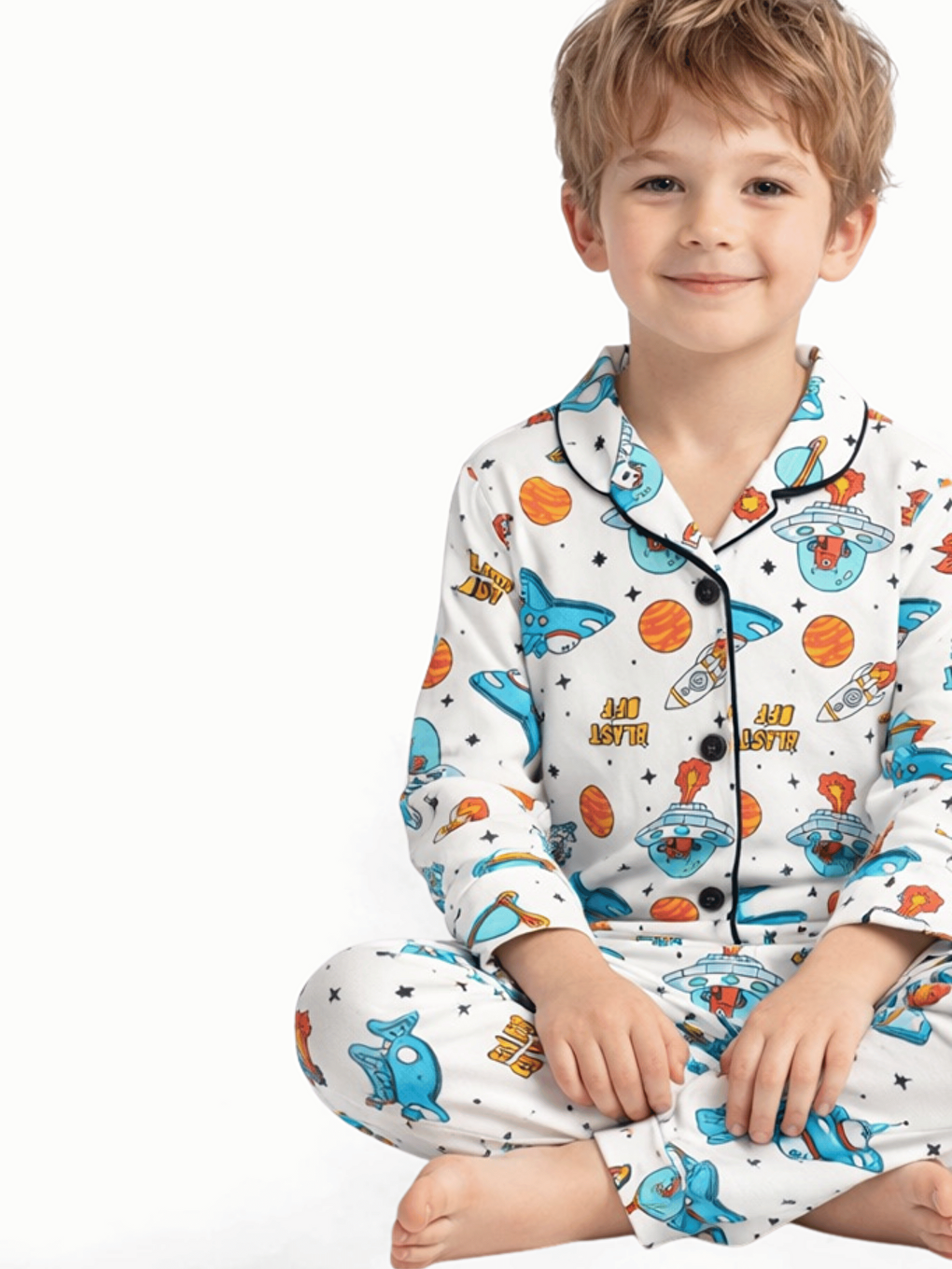 Ekru Uzay Desenli Düğmeli Erkek Çocuk Pijama Takımı-2