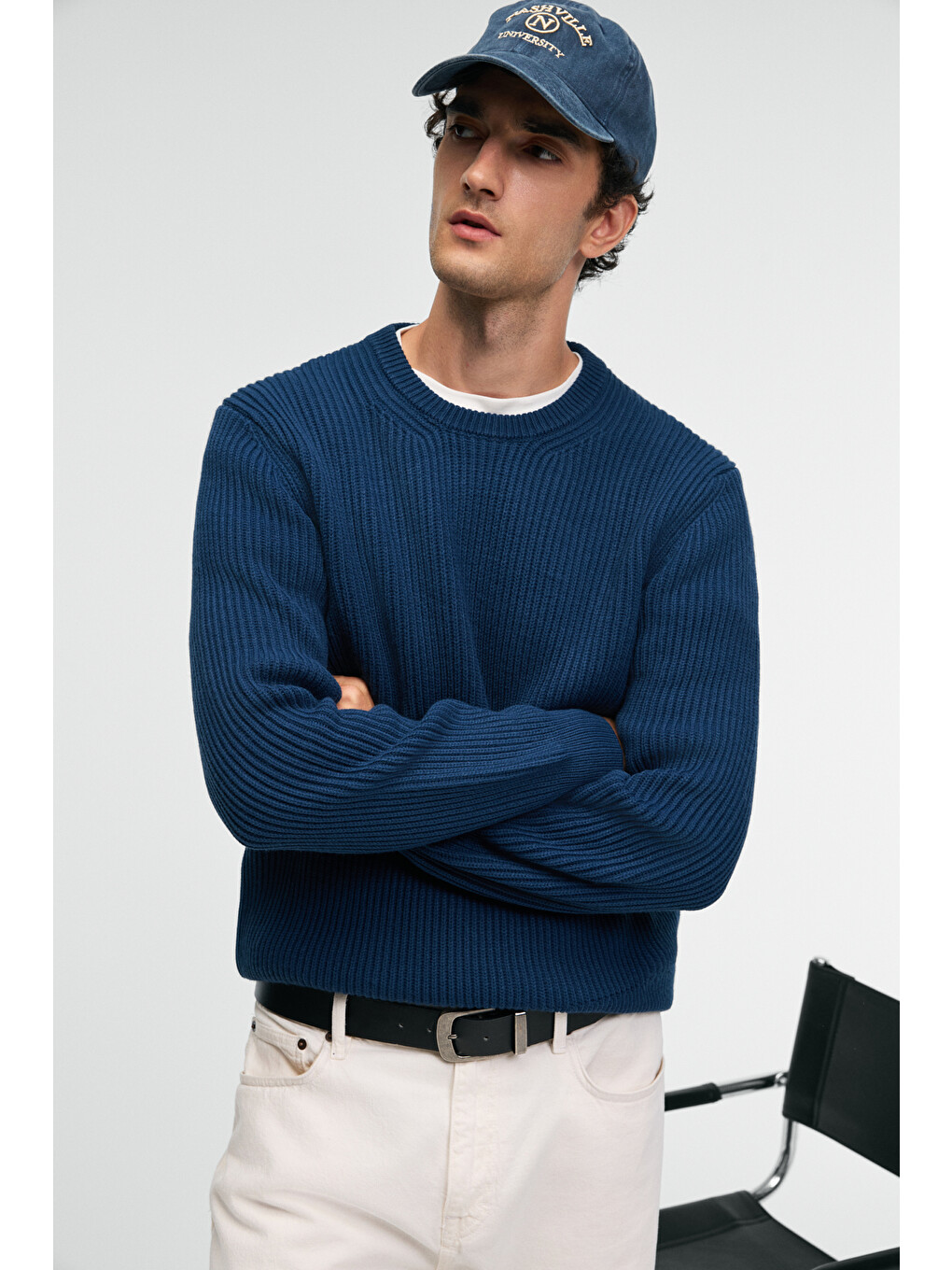 Erkek Yuvarlak Yaka Regular Fit Triko İndigo Kazak
